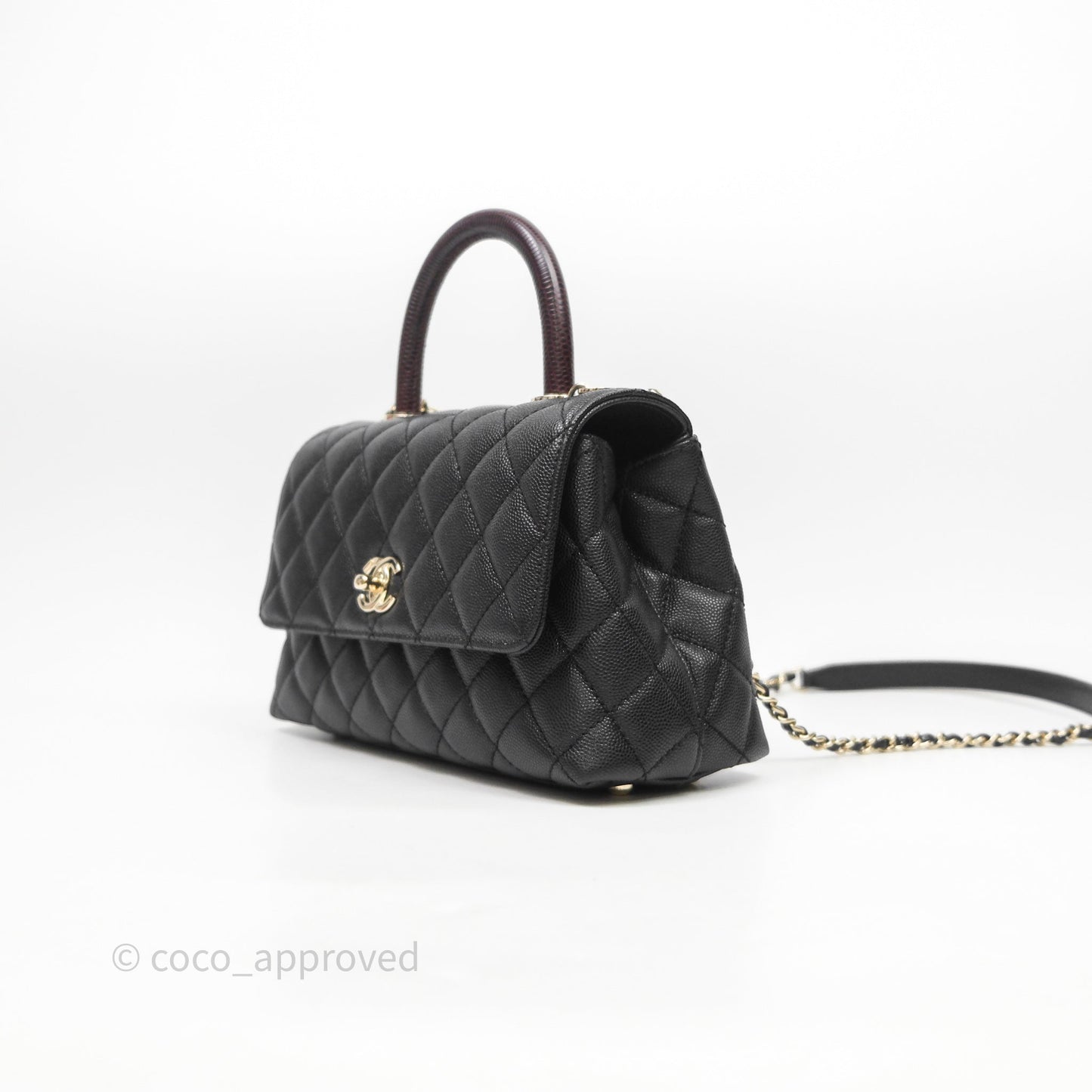 Chanel Mini Coco Handle Quilted Black Caviar Light Gold Hardware Lizard Embossed Handle