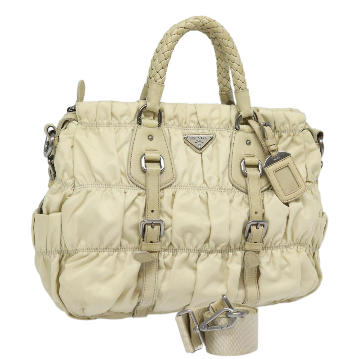 Luxury Prada Hand Bag Nylon 2way Cream Silver  86443
