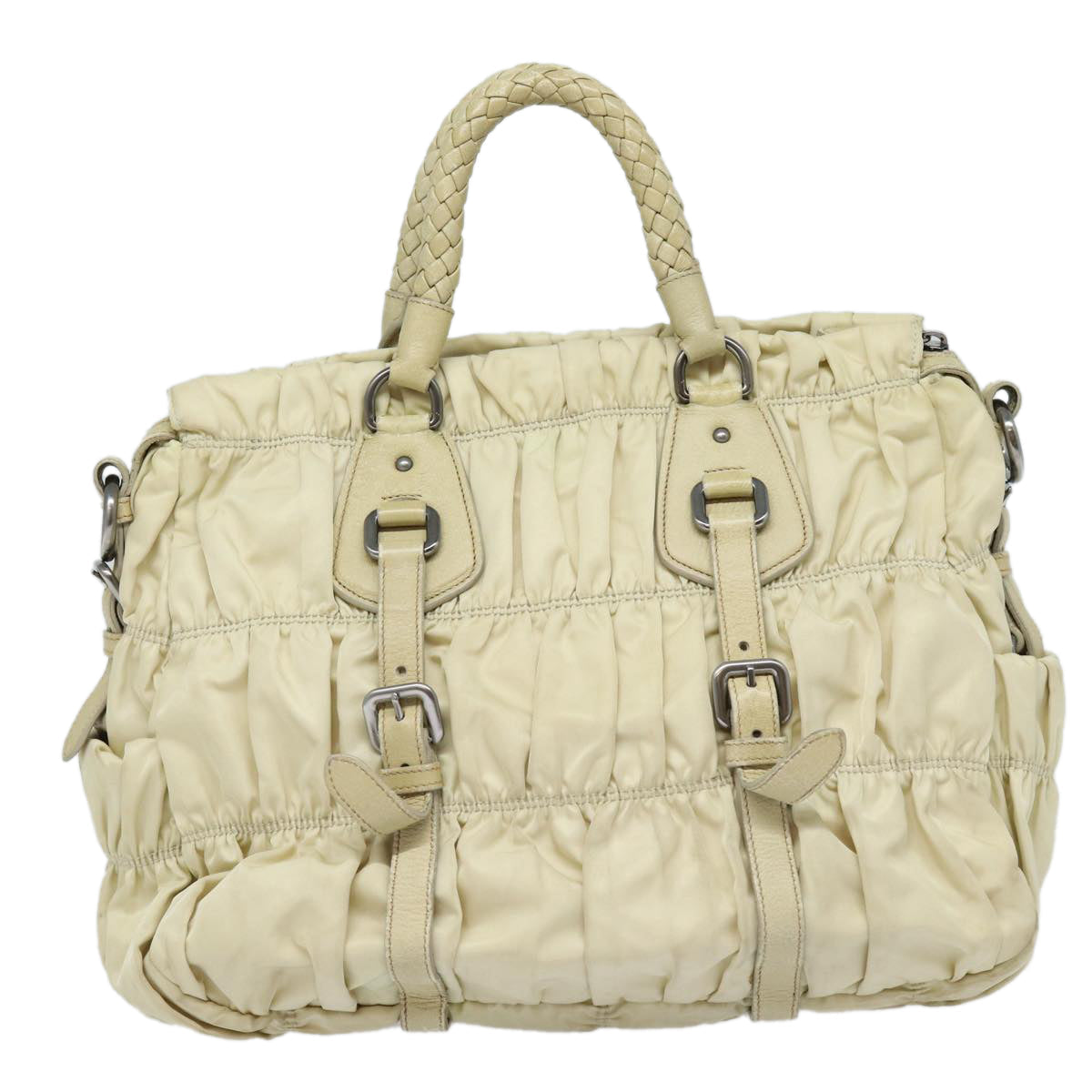 Luxury Prada Hand Bag Nylon 2way Cream Silver  86443