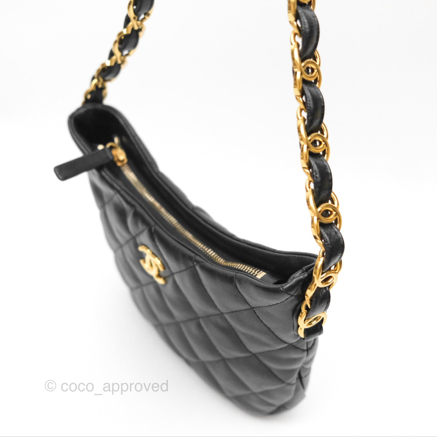 Chanel Small Hobo Bag CC Chain Black Calfskin Aged Gold Hardware 22K