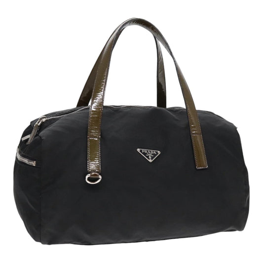 Luxury Prada Hand Bag Nylon Enamel Black Khaki Silver  86451