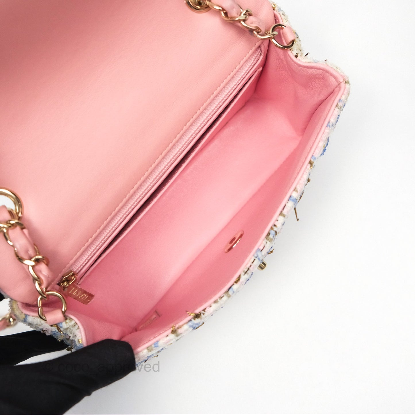 Chanel Mini Rectangular Flap Pink/ Blue/ Gold Tweed Gold Hardware