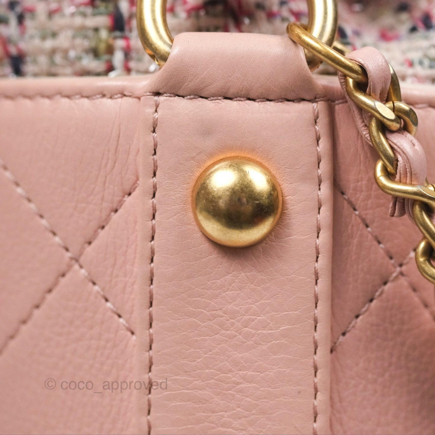 Chanel Quilted Top Handle Drawstring Bucket Bag Calfskin Tweed Pink Aged Gold Hardware