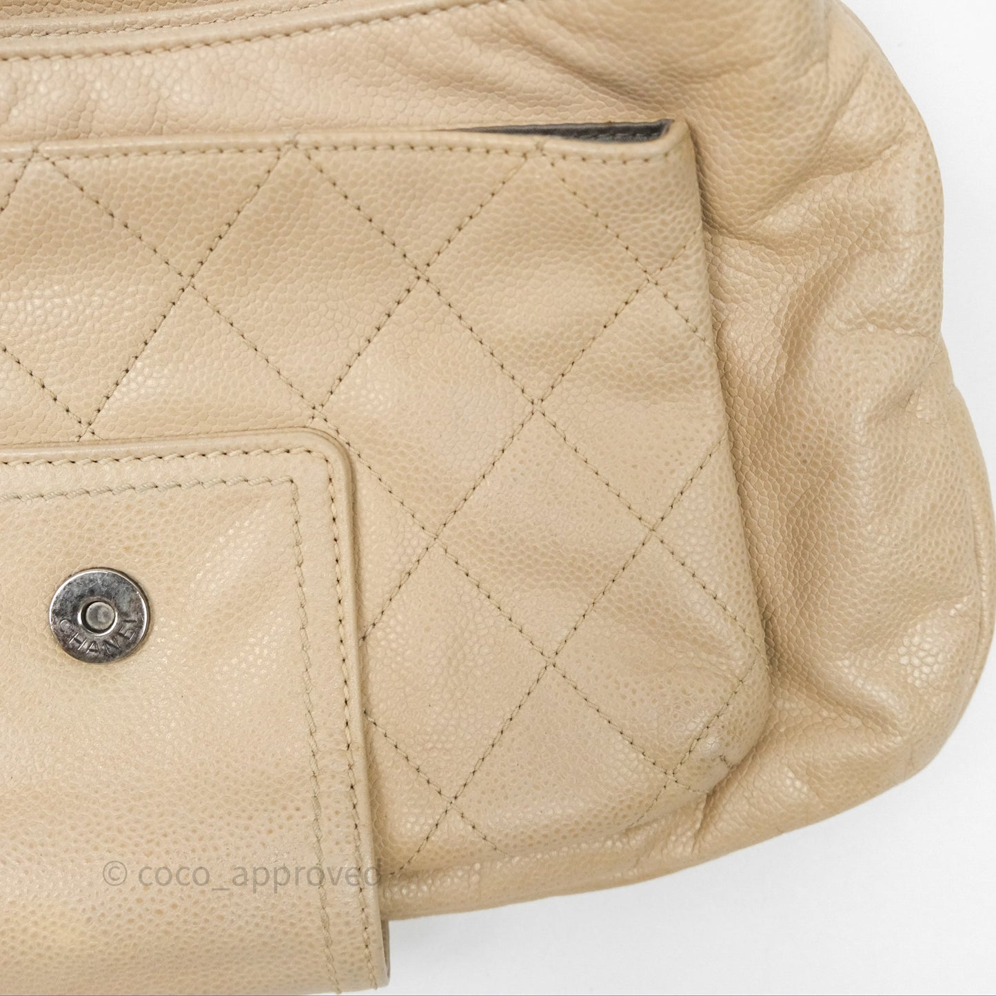 Chanel Quilted Coco Rider Hobo Bag Beige Caviar Ruthenium Hardware
