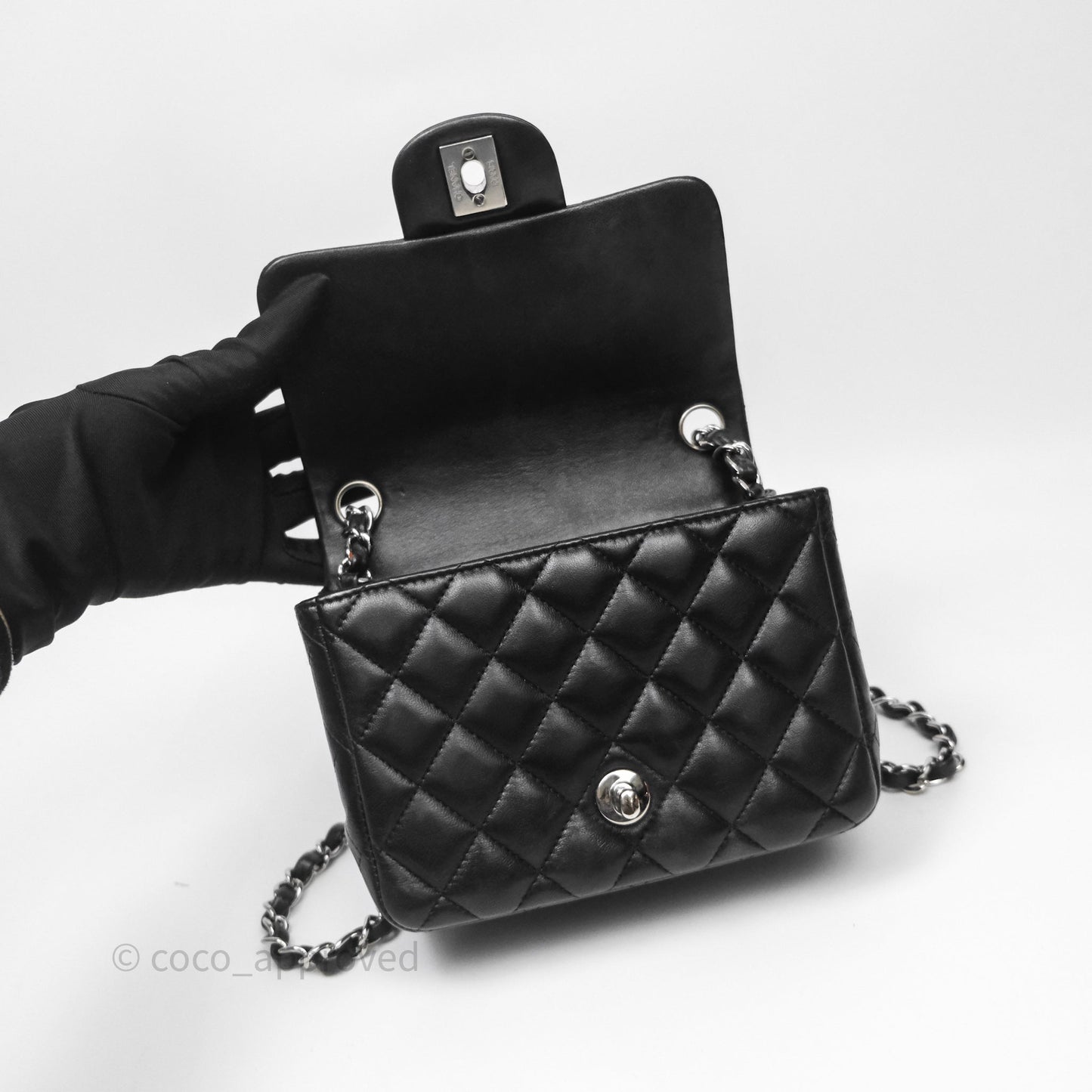Chanel Mini Square Quilted Black Lambskin Silver Hardware