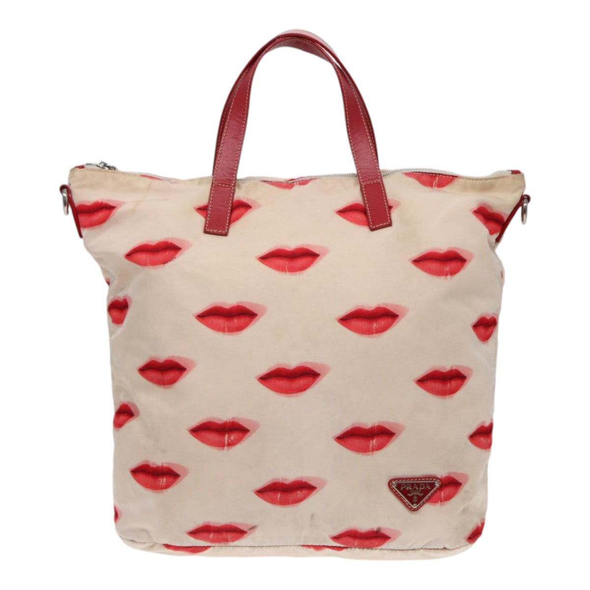 Luxury Prada Tote Bag Nylon 2way Beige Red Silver  86561