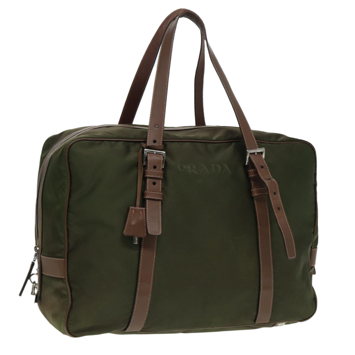 Luxury Prada Boston Bag Nylon Khaki Silver  86565