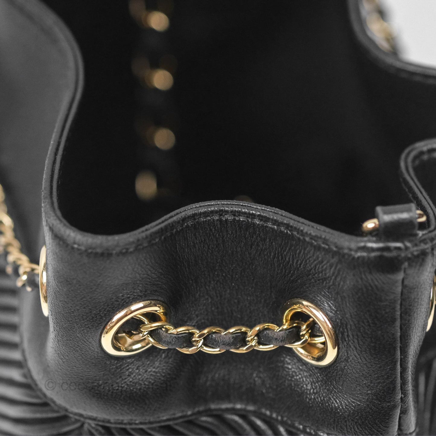 Chanel CC Chain Drawstring Bucket Bag Chevron Black Lambskin Gold Hardware