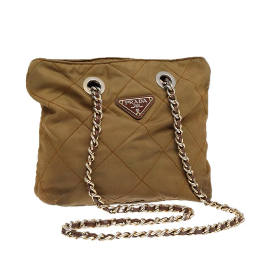 Luxury Prada Chain Shoulder Bag Nylon Khaki Gold  86608