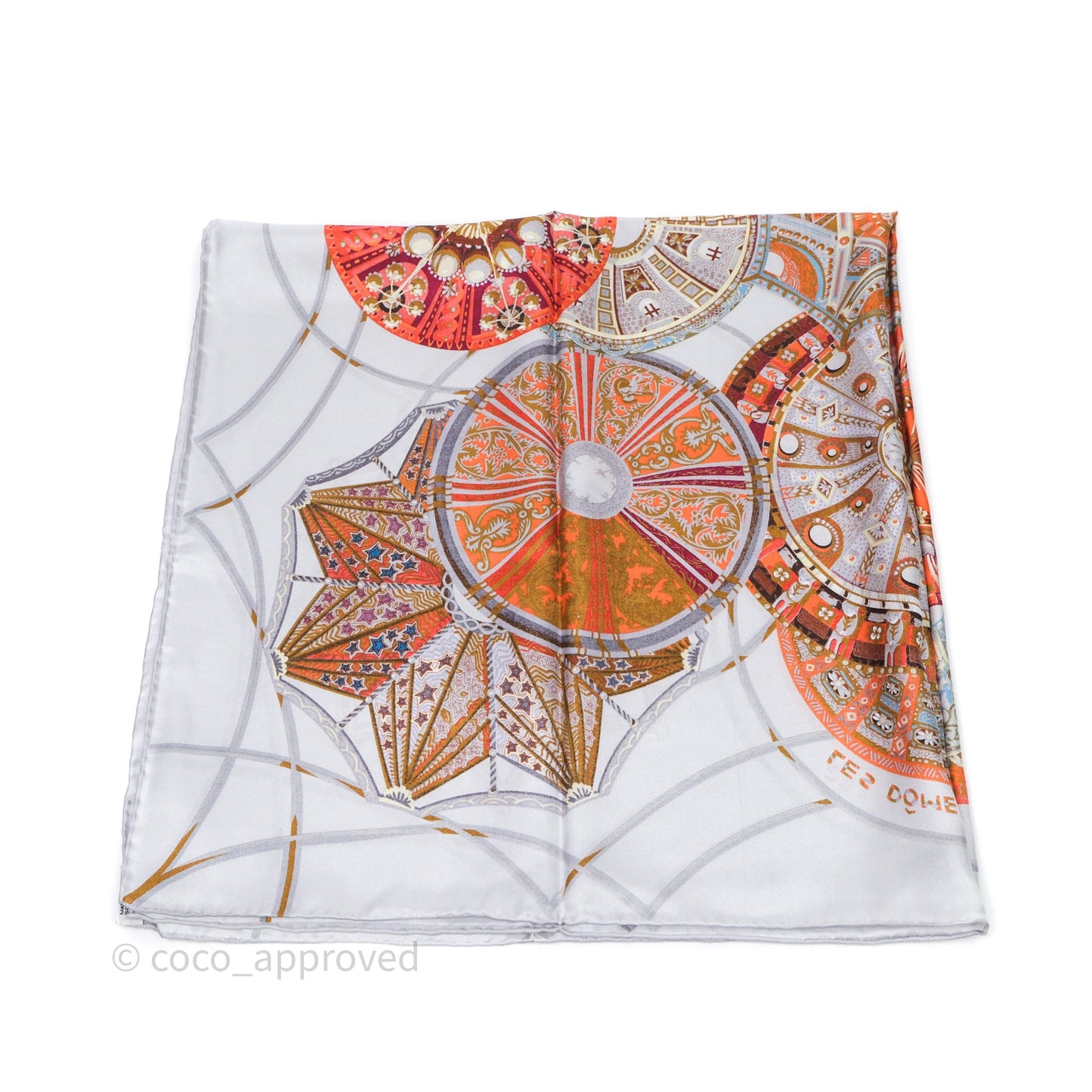 Hermes Les Domes Celestes Scarf 90 Gris Perles Orange Brun Silk Scarf