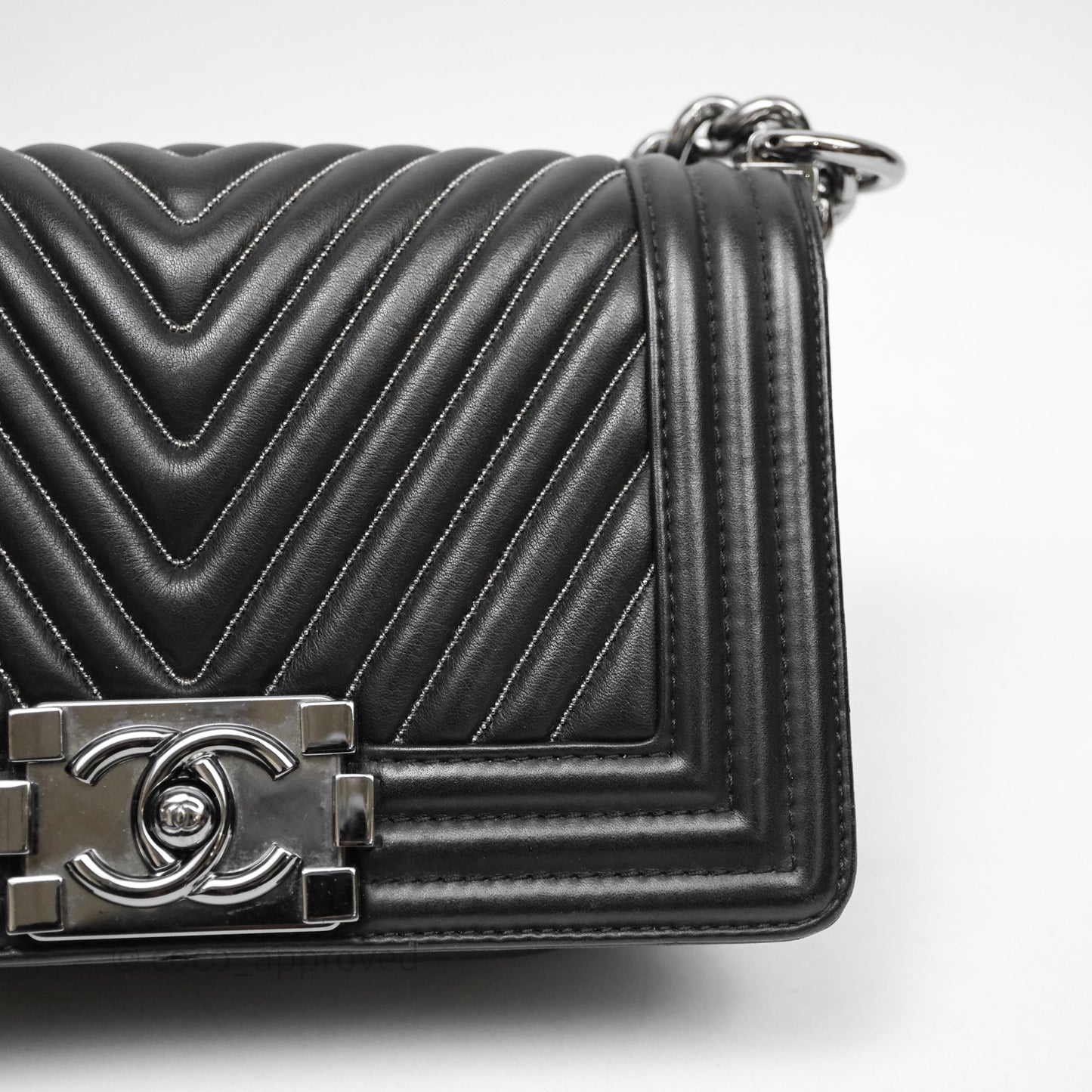 Chanel Small Boy Beaded Chevron Black Lambskin Silver Hardware
