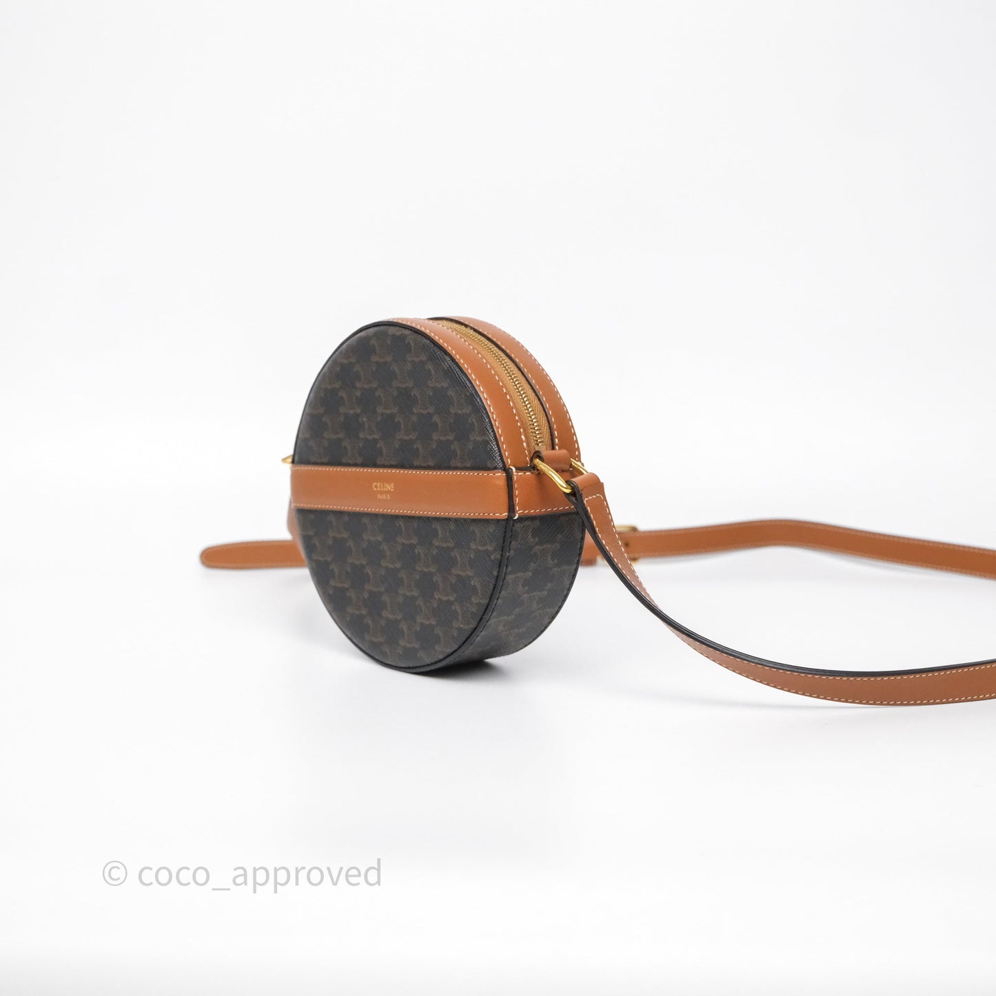 Celine Round Purse on Strap Triomphe Canvas Tan