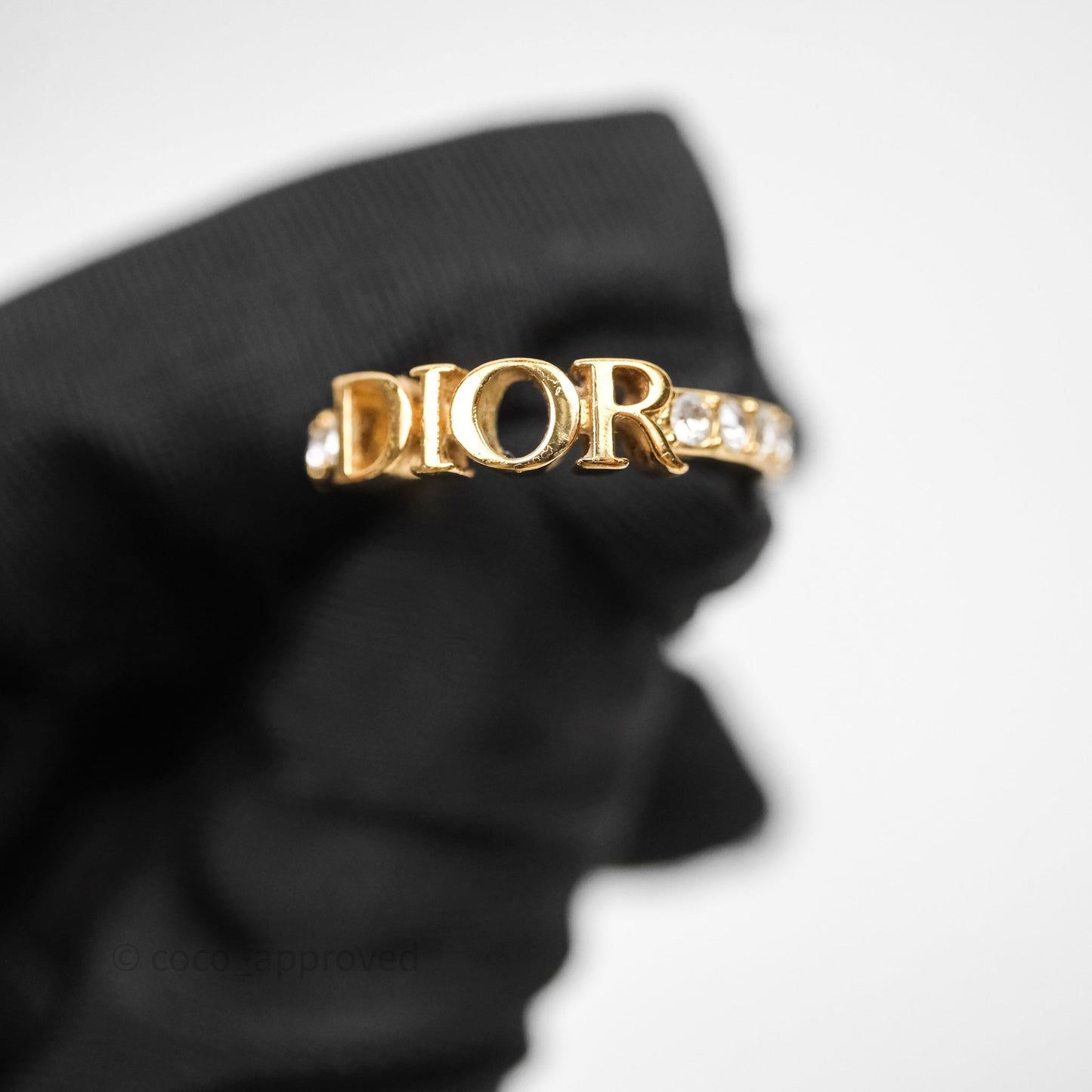 Christian Dior Crystal Logo Ring Gold Tone Size S