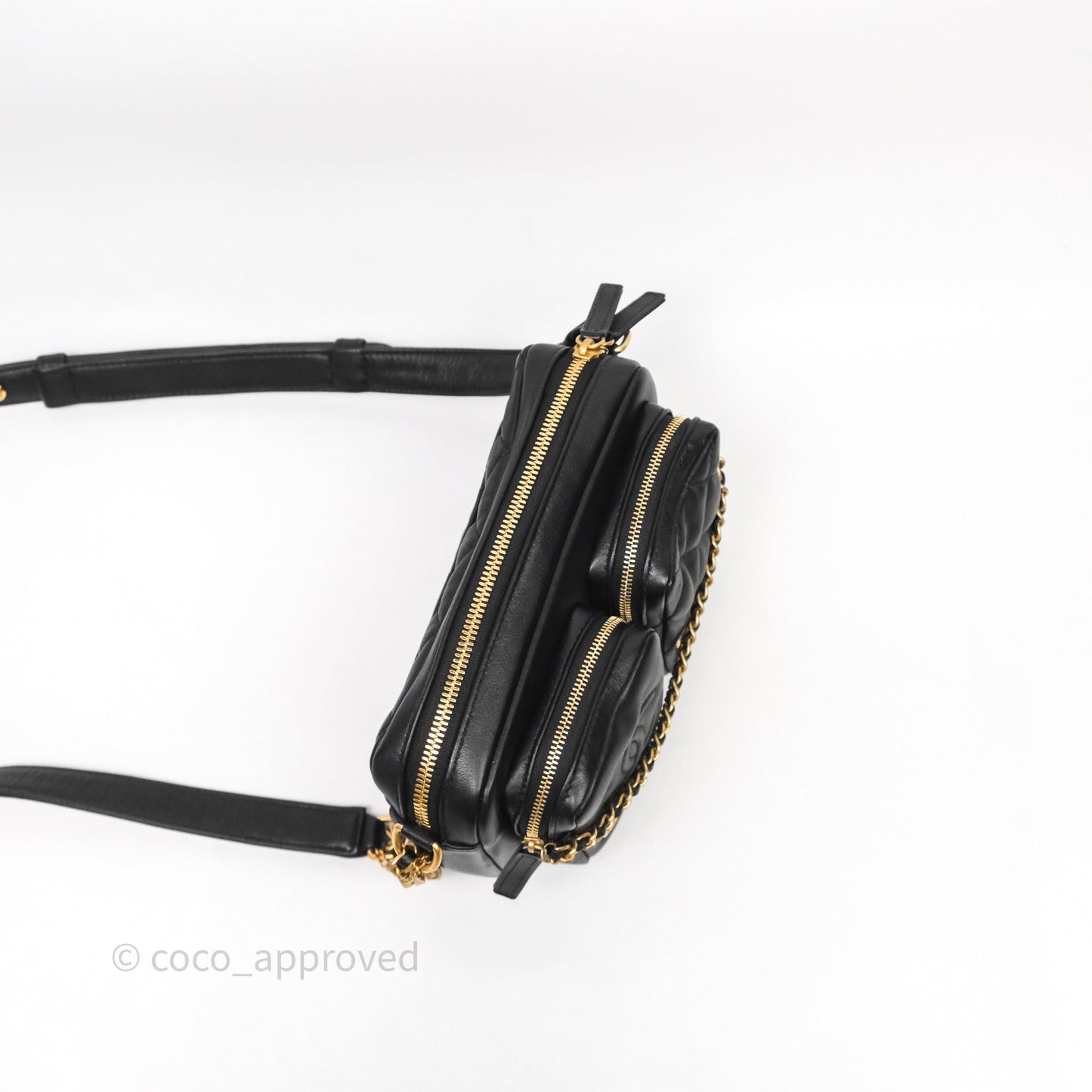 Chanel Small Camera Case Quilted Black Calfskin Aged Gold Hardware 22C
