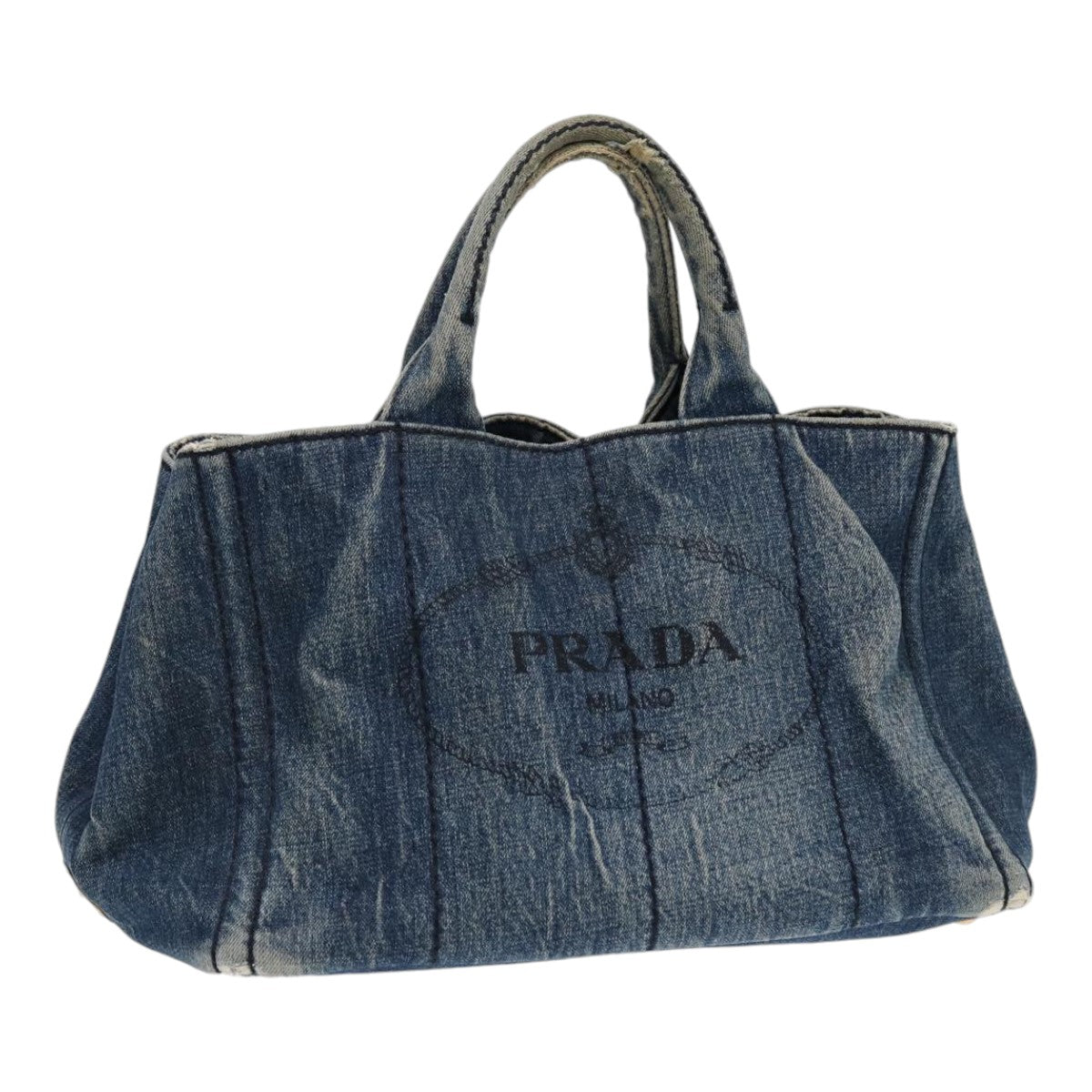 Luxury Prada Canapa MM Hand Bag Denim Blue Gold  86896