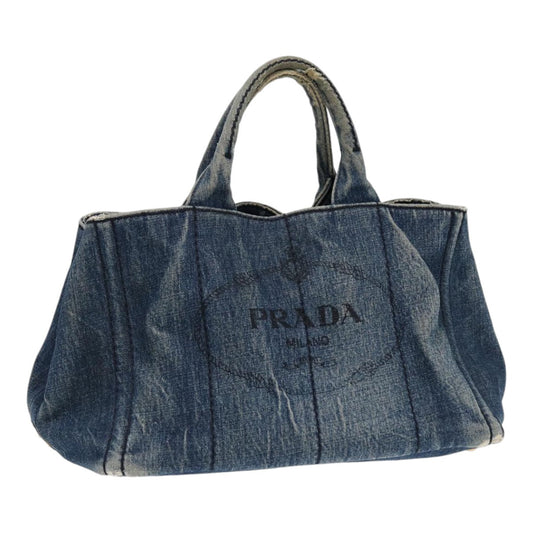 Luxury Prada Canapa MM Hand Bag Denim Blue Gold  86896