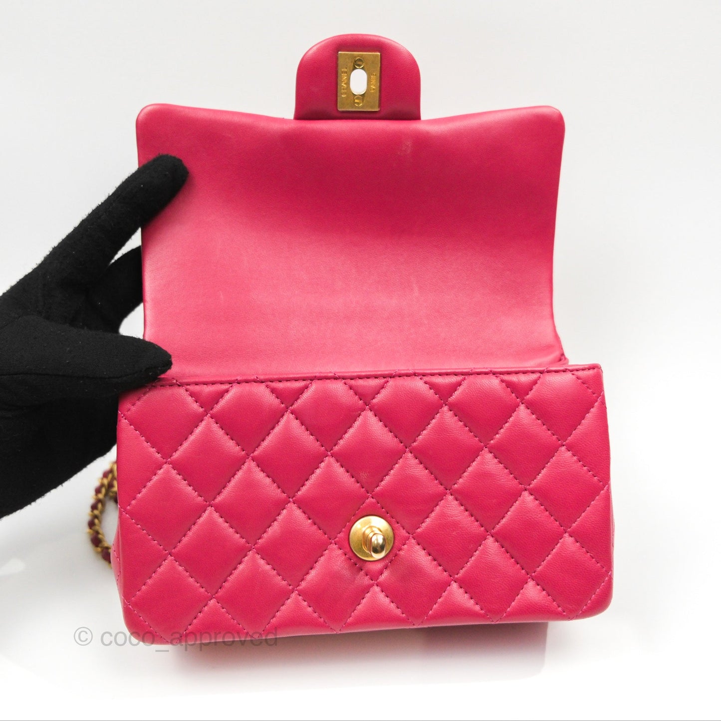 Chanel Top Handle Mini Rectangular Flap Bag Berry Red Lambskin Aged Gold Hardware