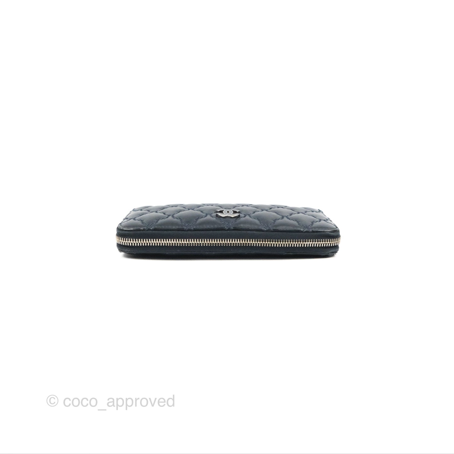Chanel Quilted Zip Long Wallet Navy Lambskin Silver Hardware
