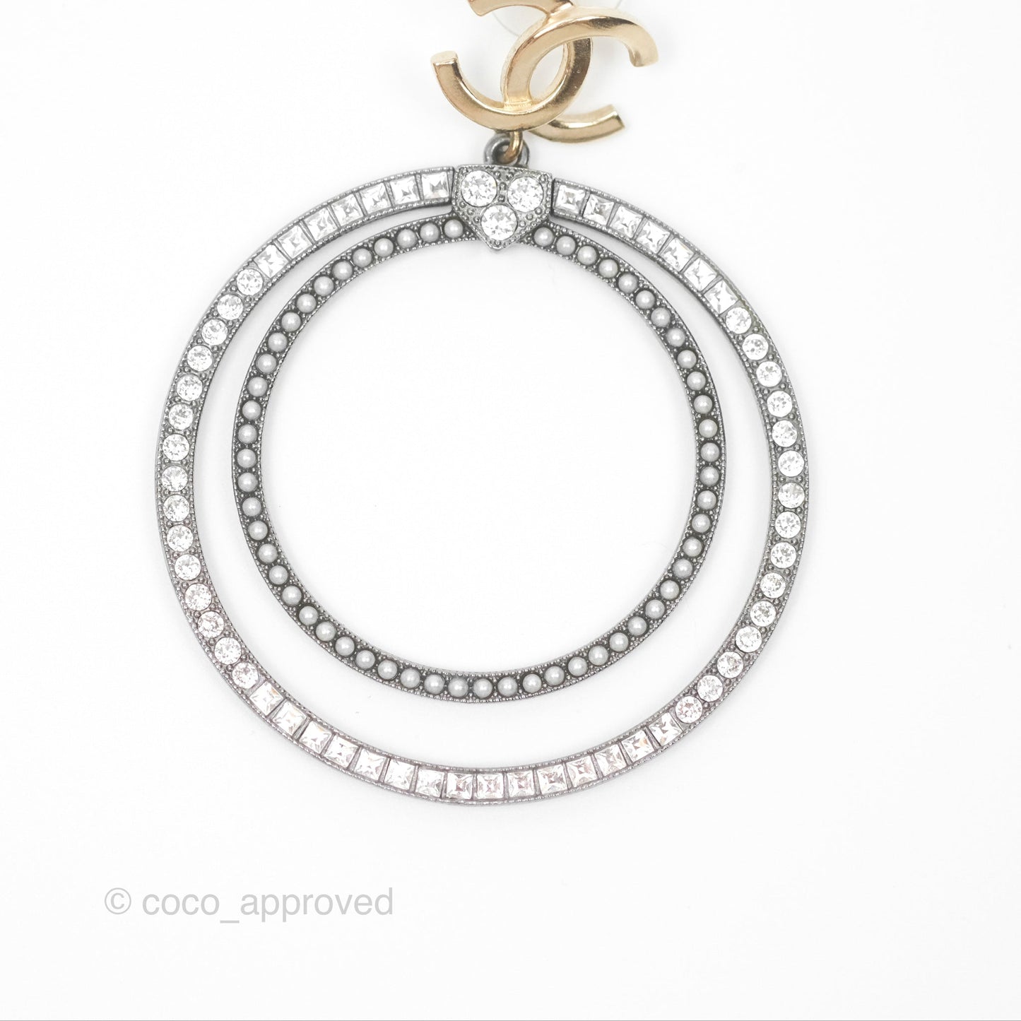 Chanel CC Circles Crystal Drop Earrings Brushed Gold Tone & Gun Metal 20P