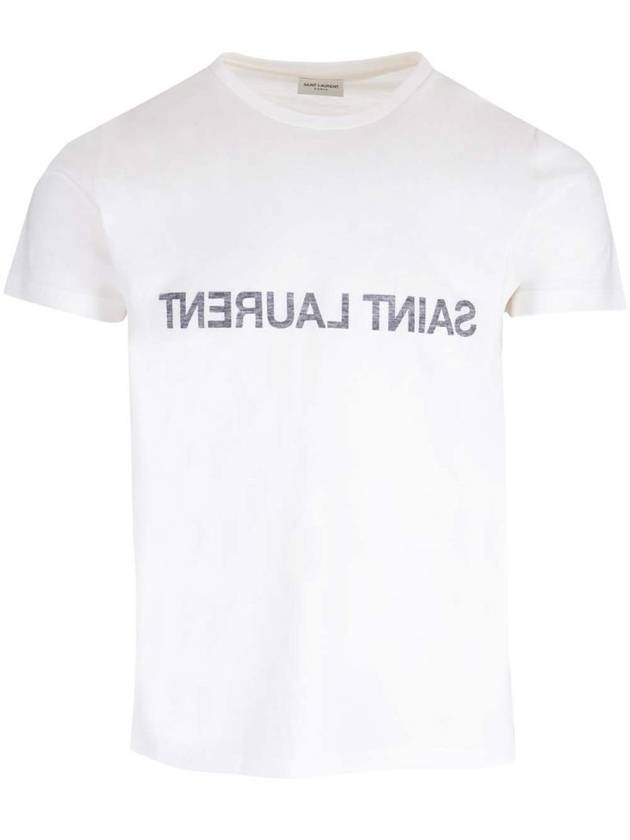 Luxury Saint Laurent Reverse Logo Print Cotton Short Sleeve T-Shirt White
