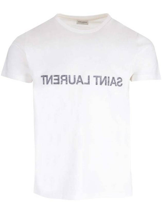 Luxury Saint Laurent Reverse Logo Print Cotton Short Sleeve T-Shirt White
