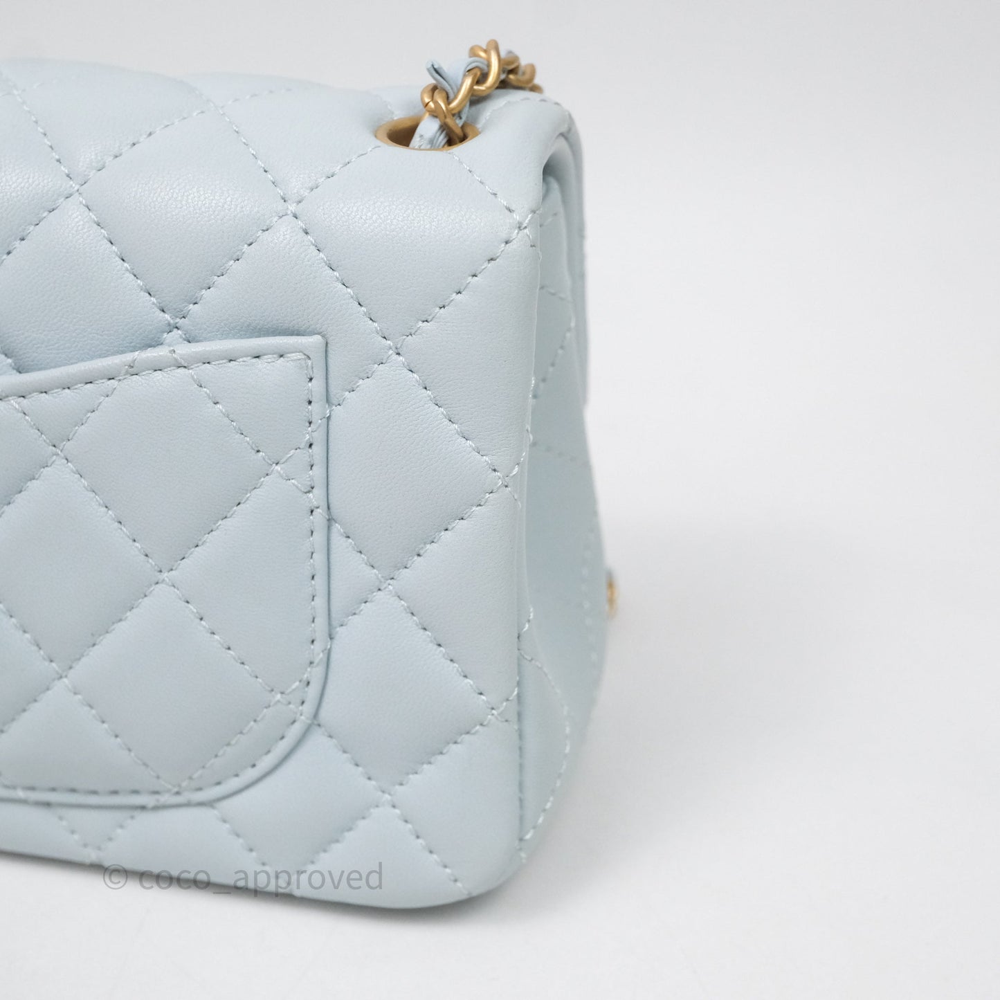 Chanel Pearl Crush Mini Rectangular Light Blue Lambskin Aged Gold Hardware