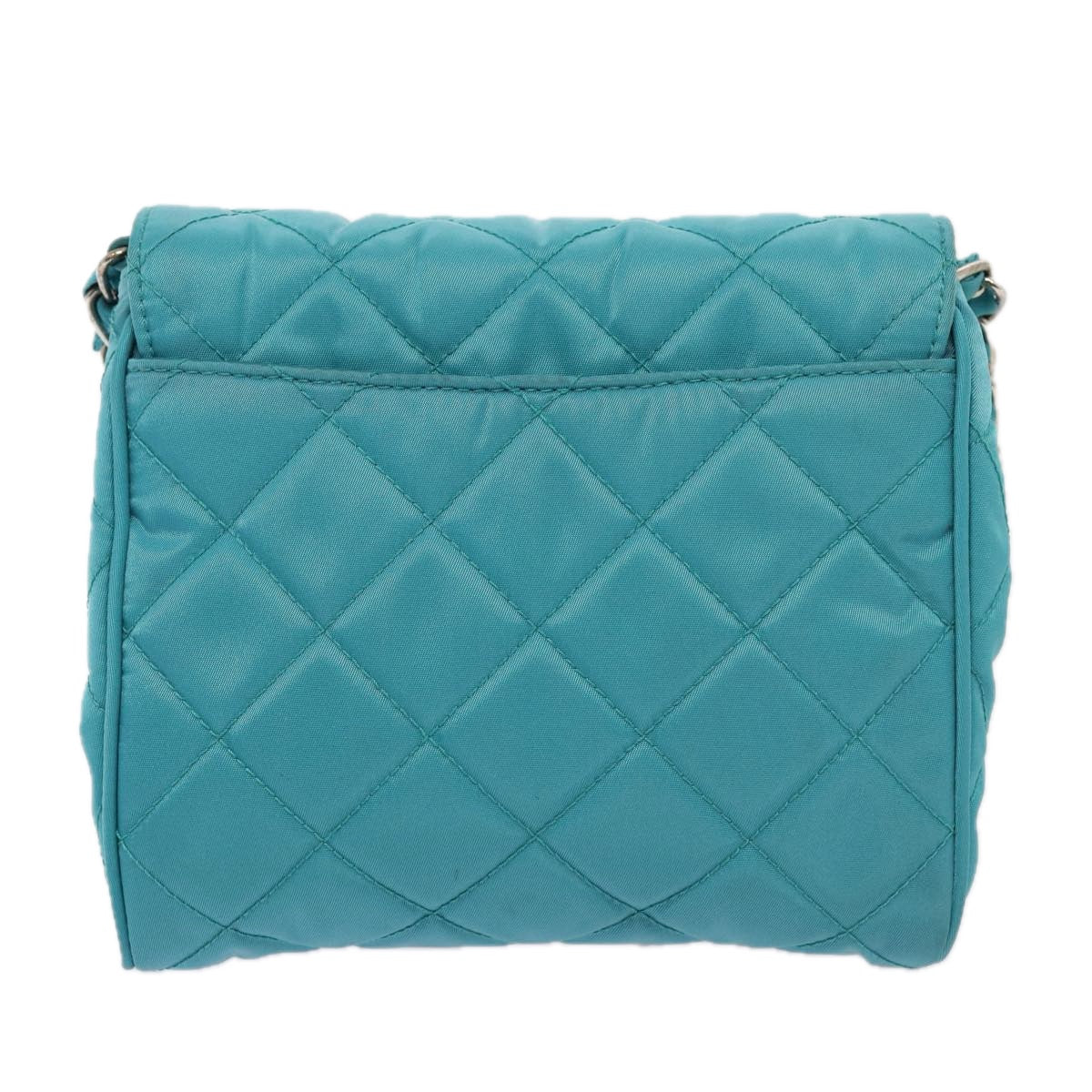 Luxury Prada Chain Shoulder Bag Nylon Turquoise Blue Silver  86958