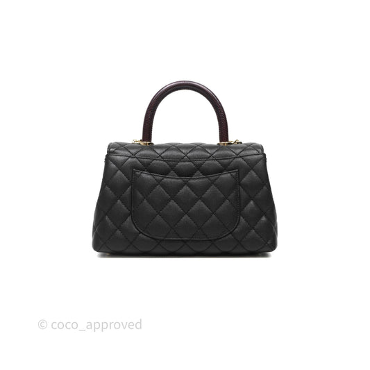 Chanel Mini Coco Handle Quilted Black Caviar Light Gold Hardware Lizard Embossed Handle