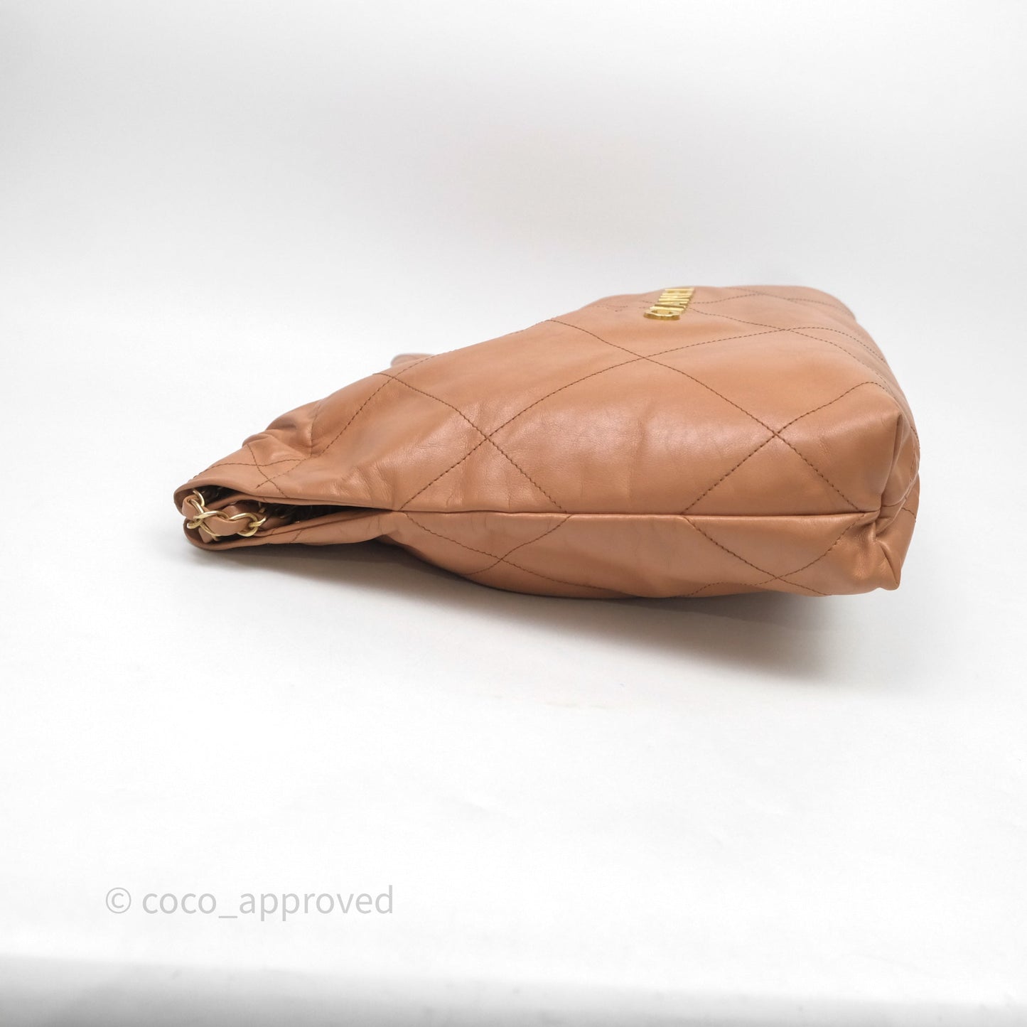 Chanel 22 Small Caramel Beige Shiny Calfskin Aged Gold Hardware