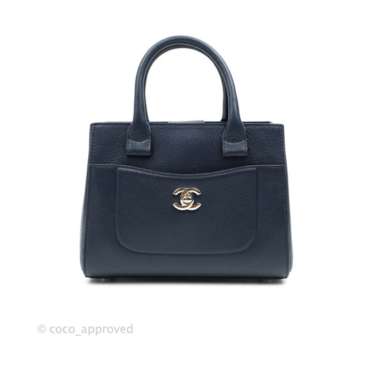 Chanel Mini Neo Executive Shopper Tote Black Grained Calfskin Navy Silver Hardware