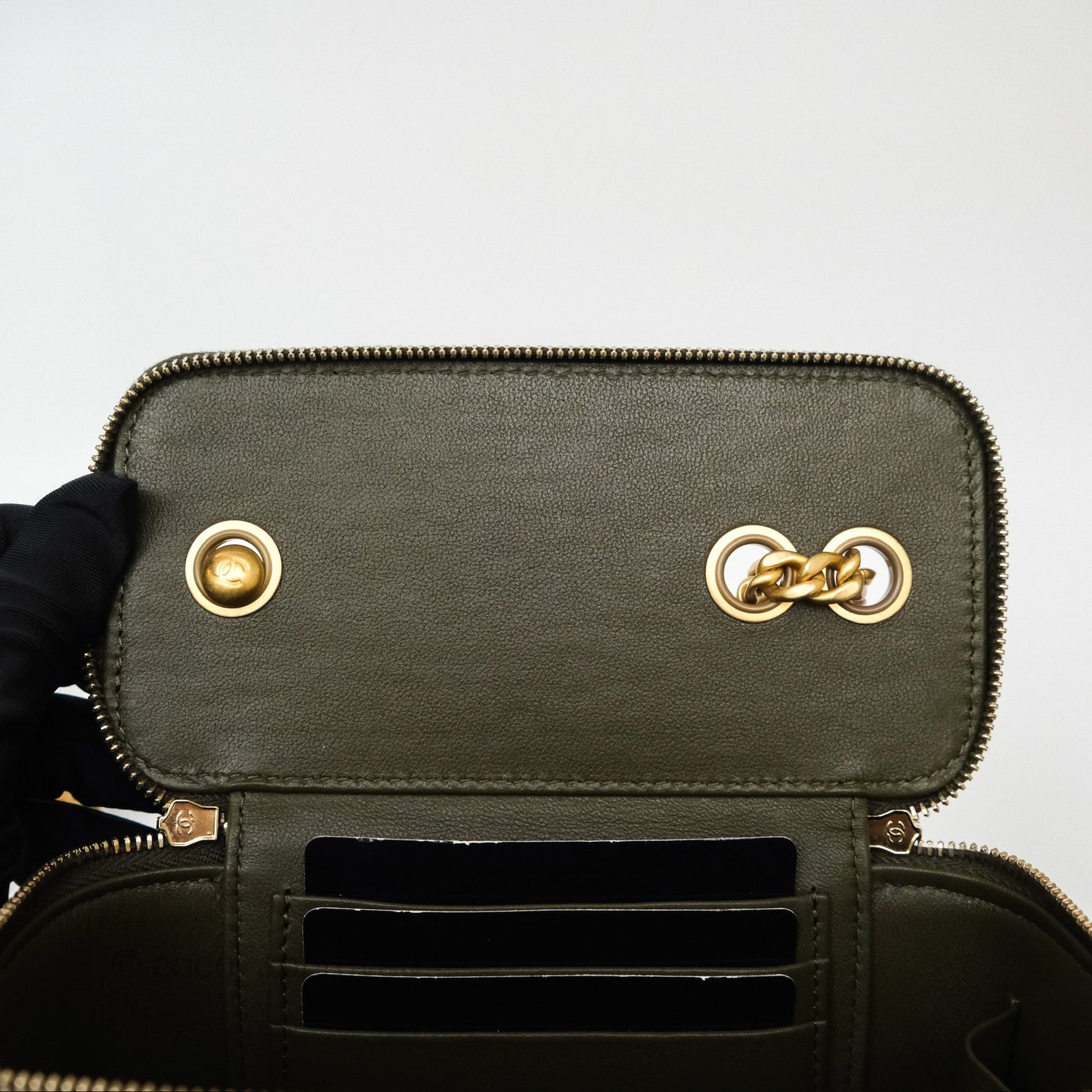 Chanel All Slide Vanity with Adjustable Chain Dark Olive Green Lambskin Aged Gold Hardware