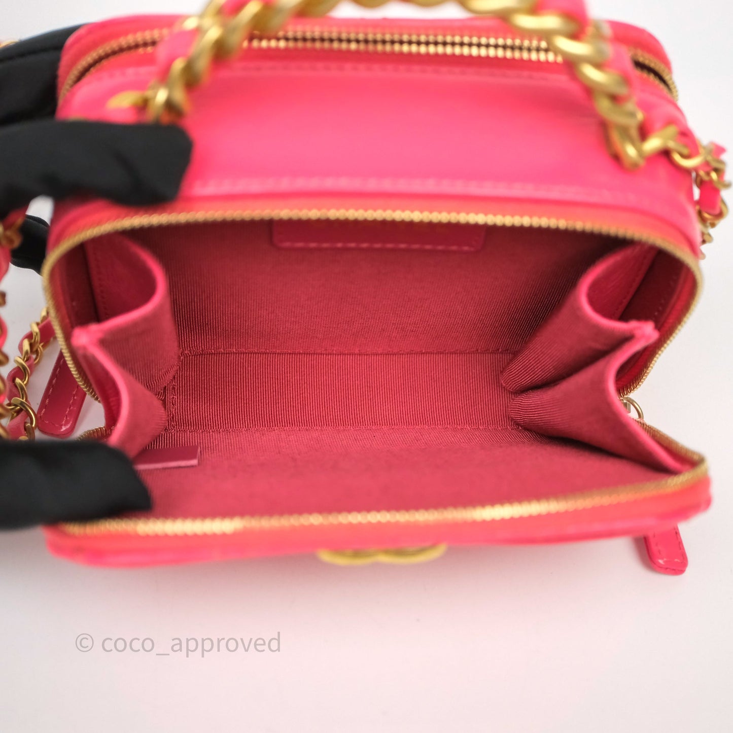 Chanel Small Top Handle Vanity Case Hot Pink Shiny Crumpled Calfskin Aged Gold Hardware