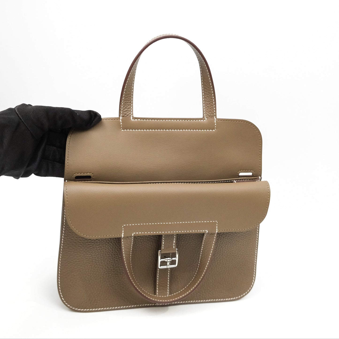 Hermès Halzan 25 Etoupe Clemence Palladium Hardware