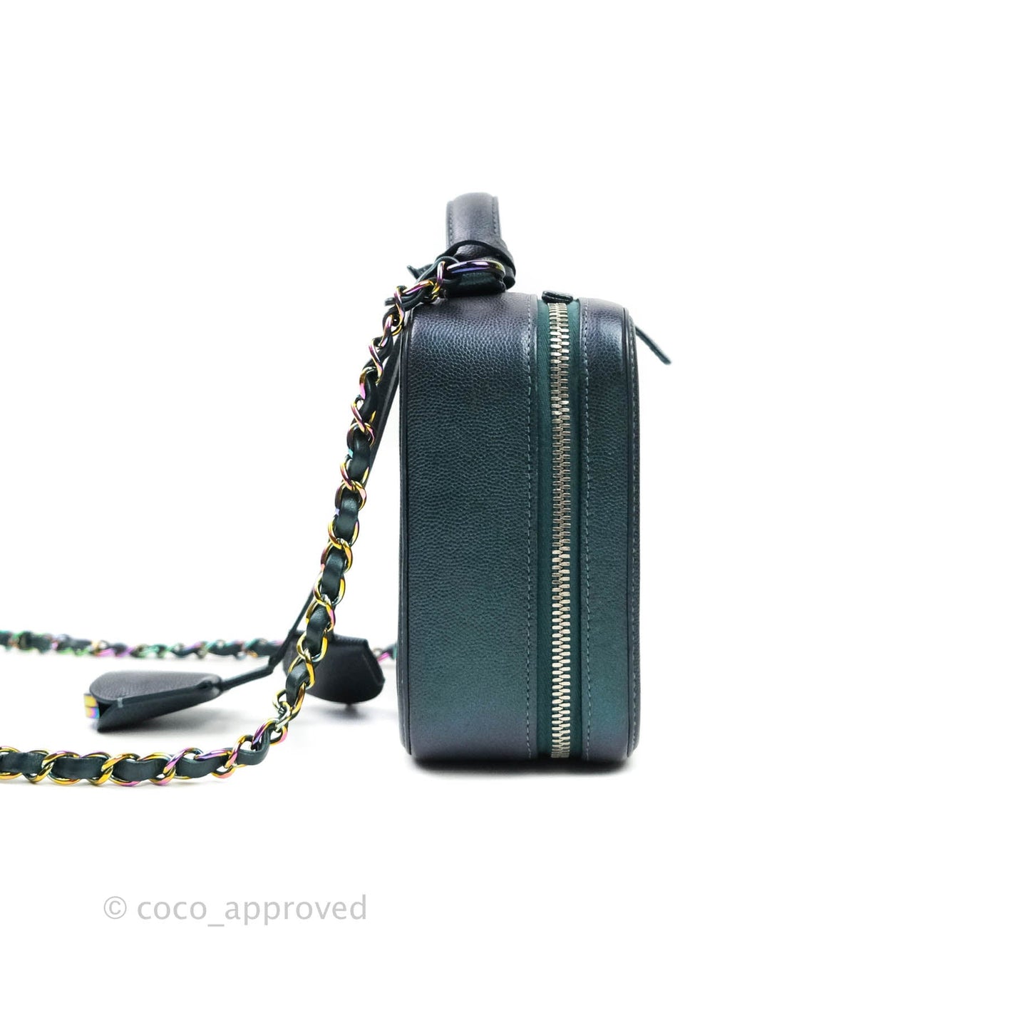 Chanel Quilted Medium CC Filigree Vanity Case Iridescent Dark Turquoise Caviar Rainbow Hardware