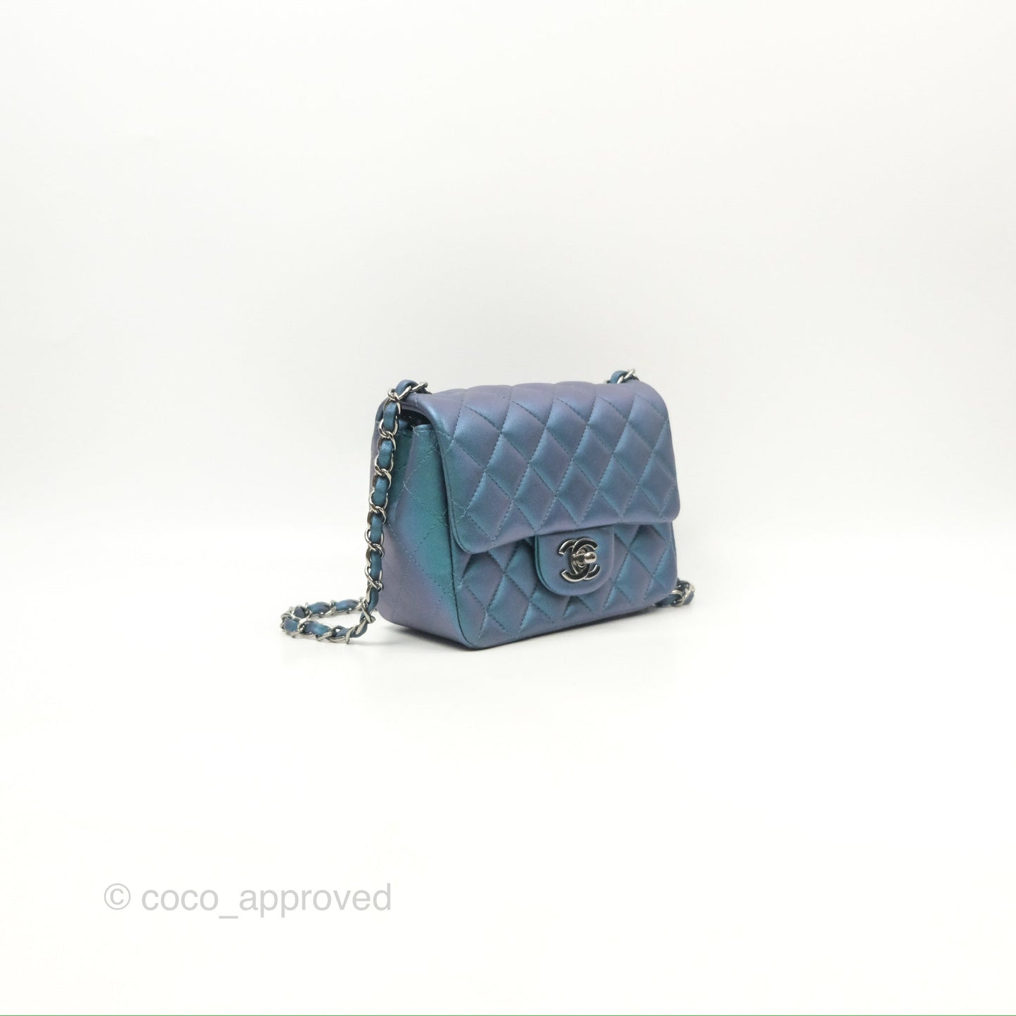 Chanel Mini Square Flap Quilted Iridescent Teal Lambskin Gun Metal
