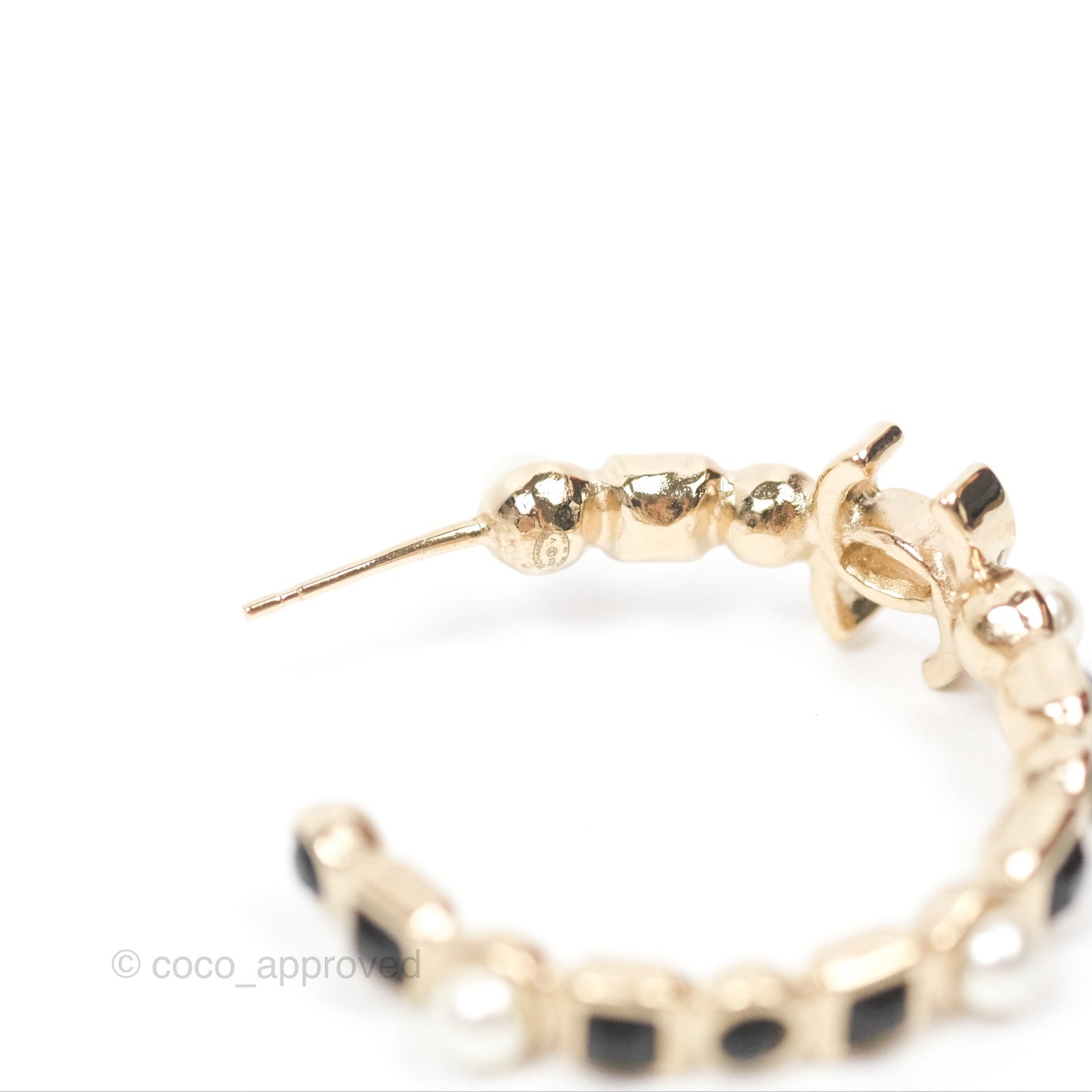 Chanel CC Pearl Black Rhinestone Hoop Earrings Gold Tone 23V