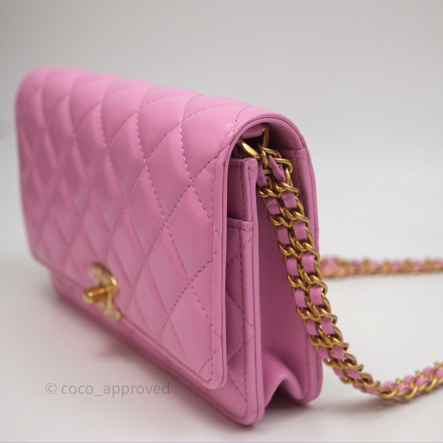 Chanel CC Chain Wallet On Chain WOC Pink Lambskin Aged Gold Hardware