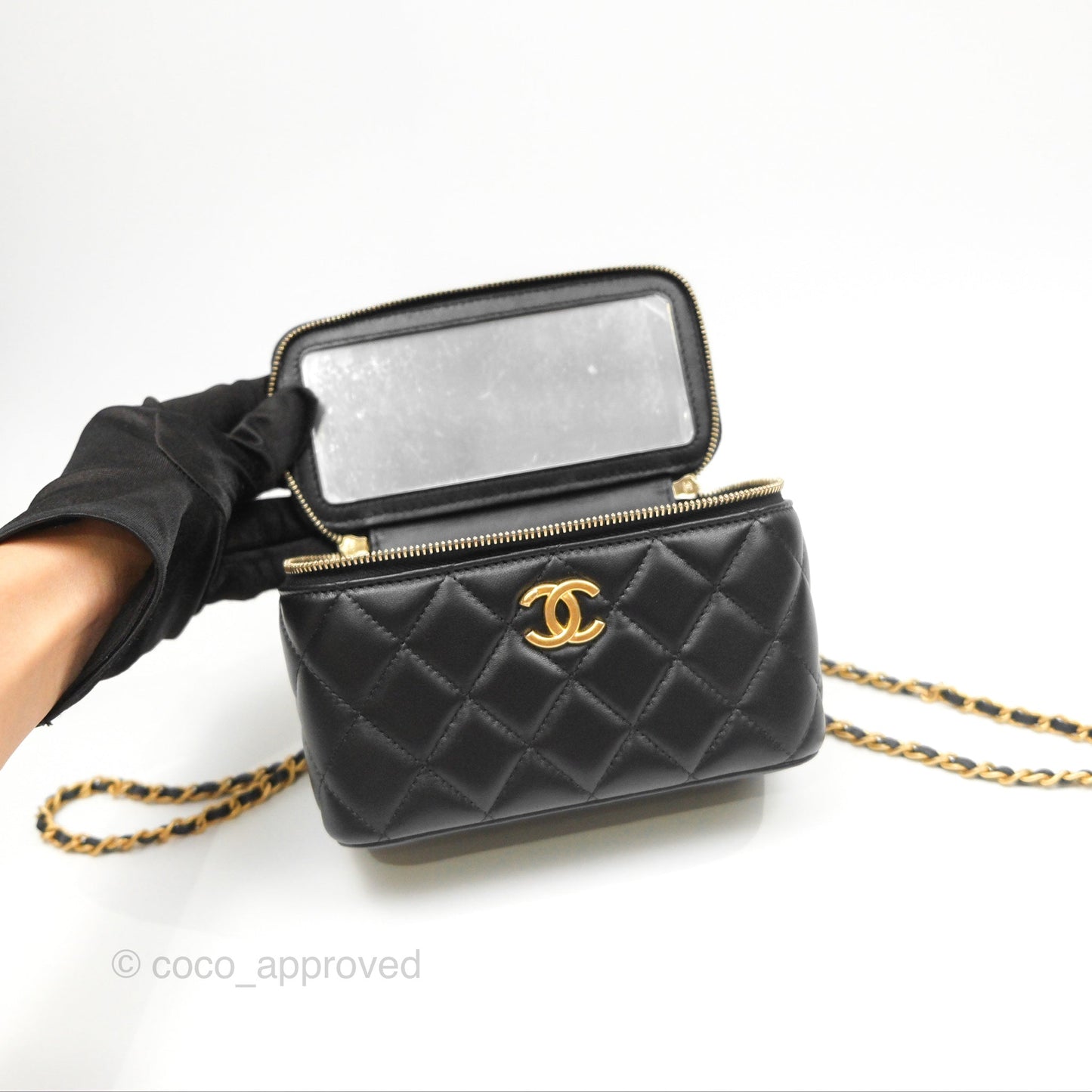 Chanel Vanity Rectangular Top Handle Black Lambskin Aged Gold Hardware