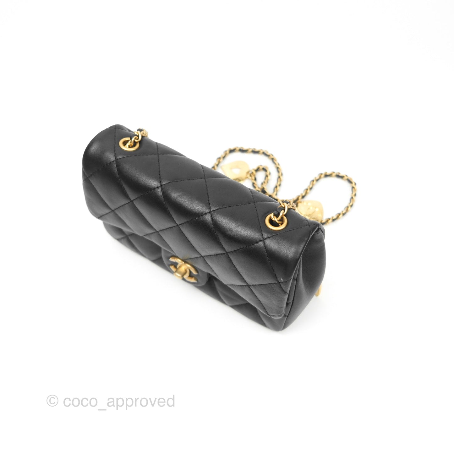 Chanel Mini Flap Bag With Heart CC Charm Black Lambskin Aged Gold Hardware