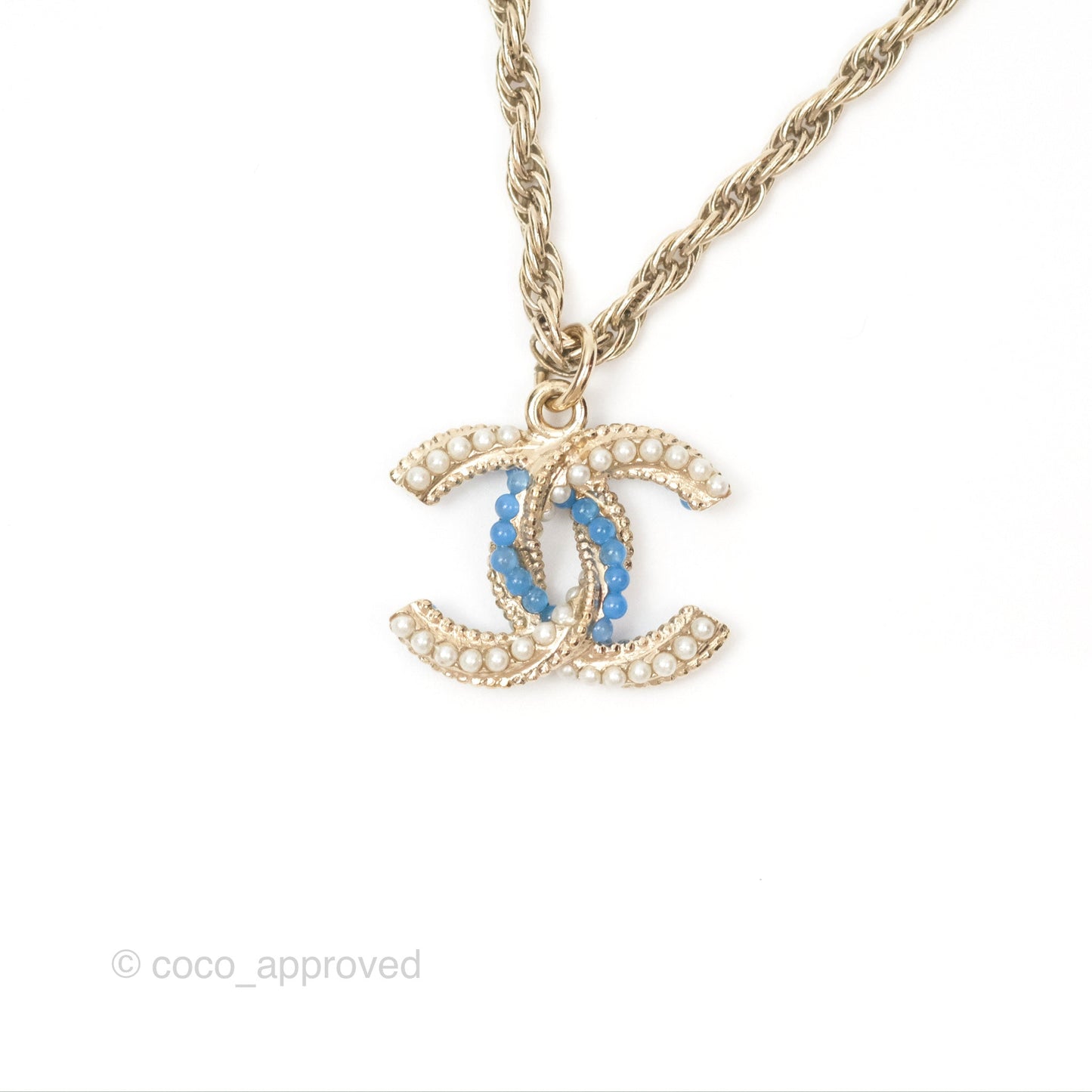 Chanel Pearl CC Necklace Blue Gold Tone 18P