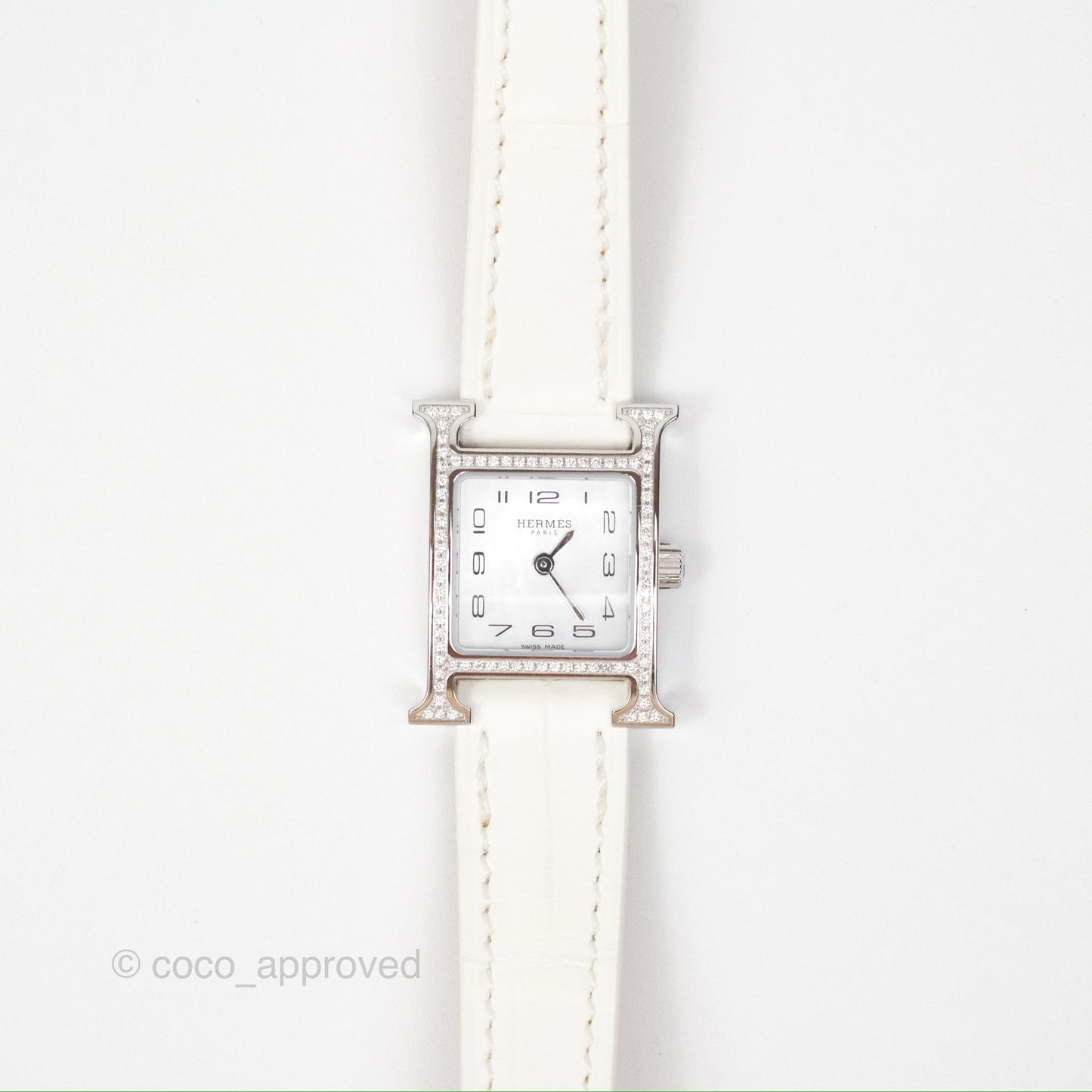 Hermes Heure H Watch Mini Diamonds White Mother-of-pearl White Alligator Leather