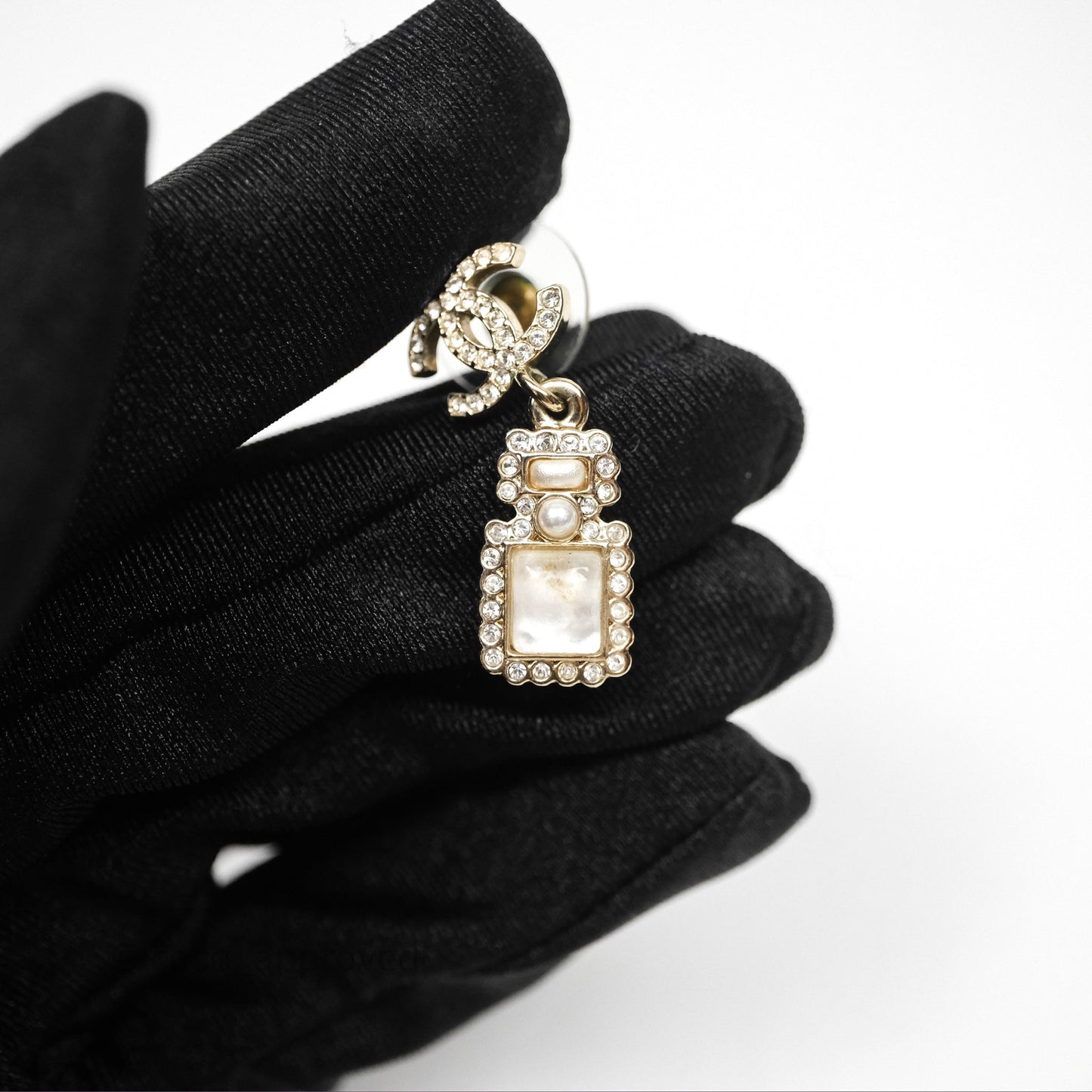 Chanel CC Crystal Perfume Bottle Earrings Gold Tone 21K