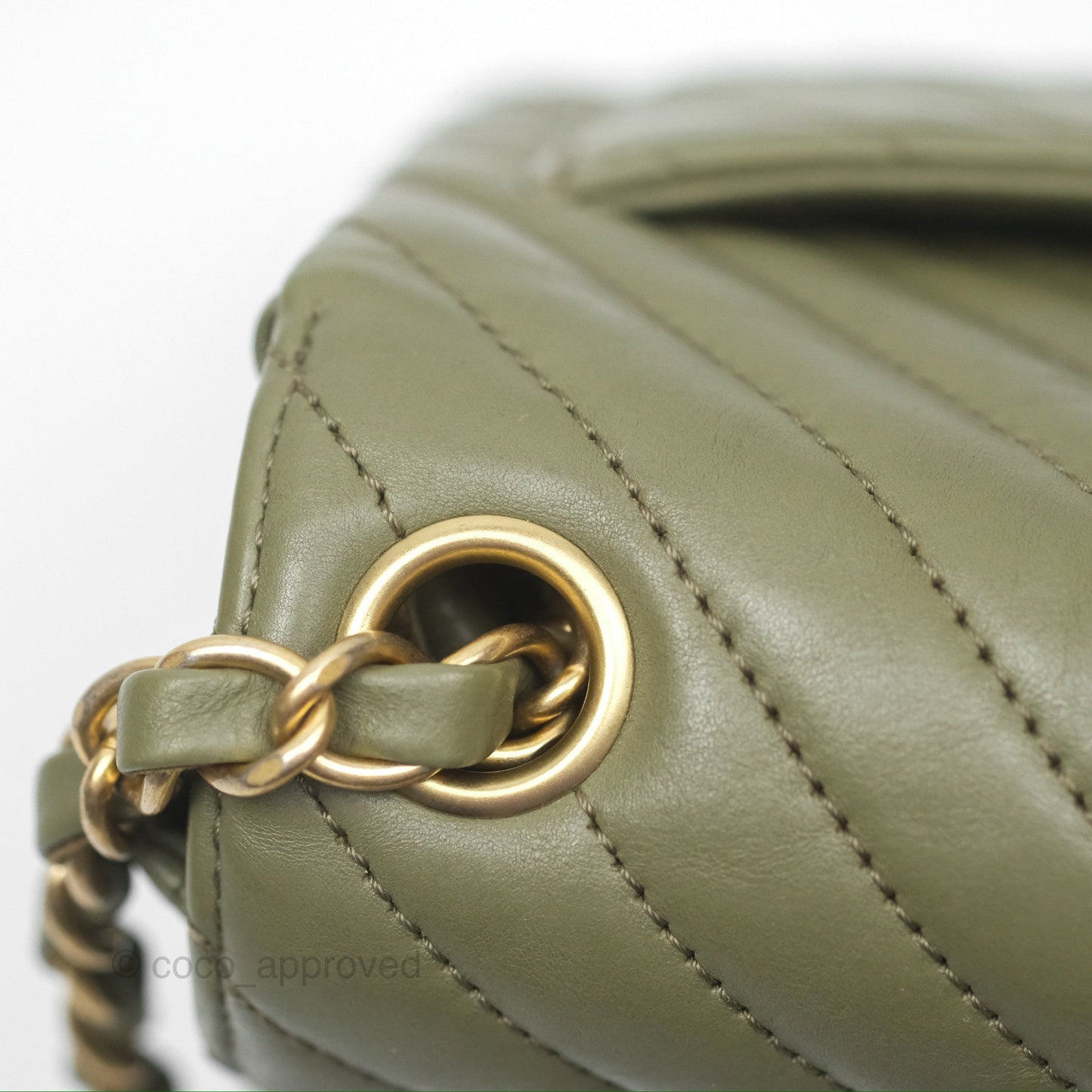 Chanel Mini Square Flap Chevron Olive Green Calfskin Gold Hardware