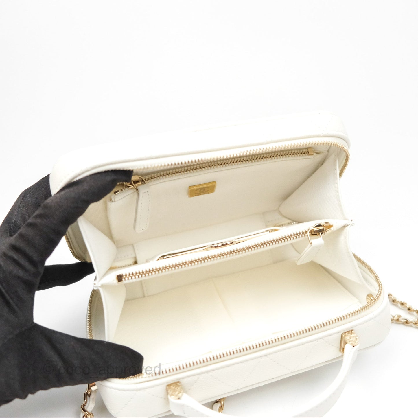 Chanel Quilted Top Handle Vanity White Caviar Gold Hardware