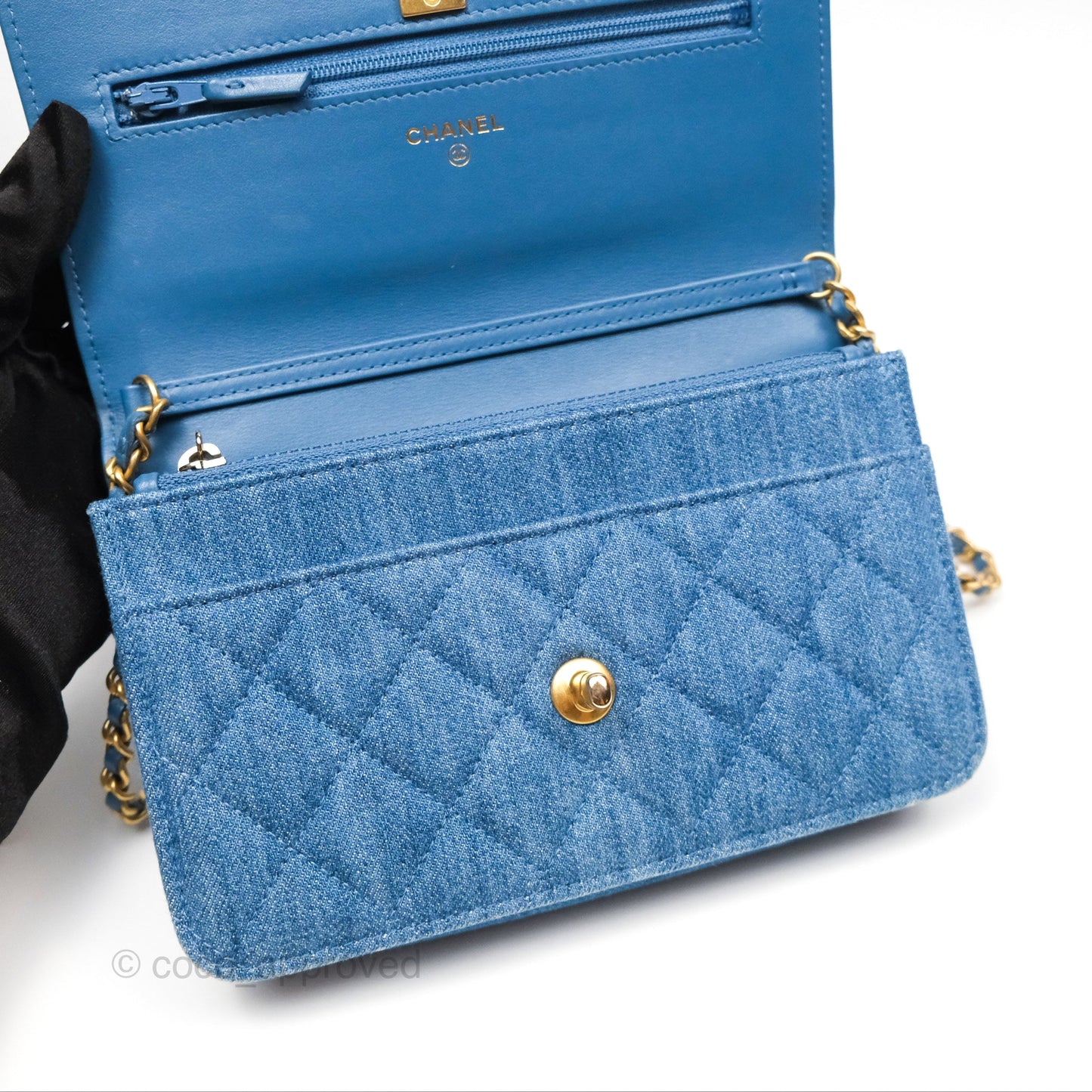 Chanel Quilted Pearl Crush Wallet on Chain WOC Denim Aged Gold Hardware
