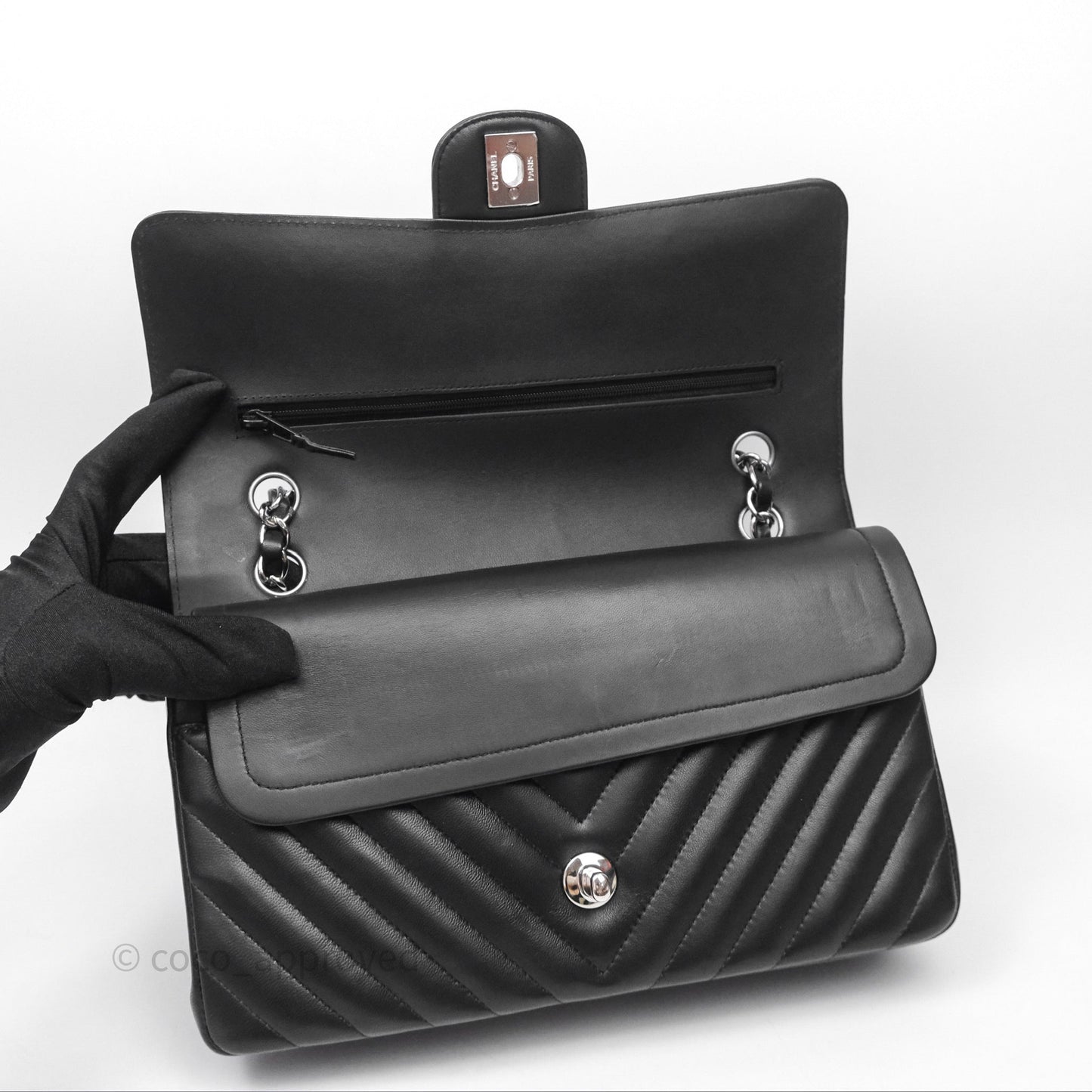 Chanel Classic M/L Medium Flap Chevron Black Lambskin Silver Hardware