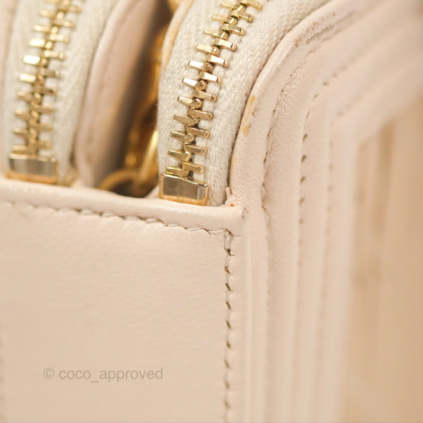 Chanel Boy Double Zip Clutch On Chain Chevron Pale Beige Aged Gold Hardware