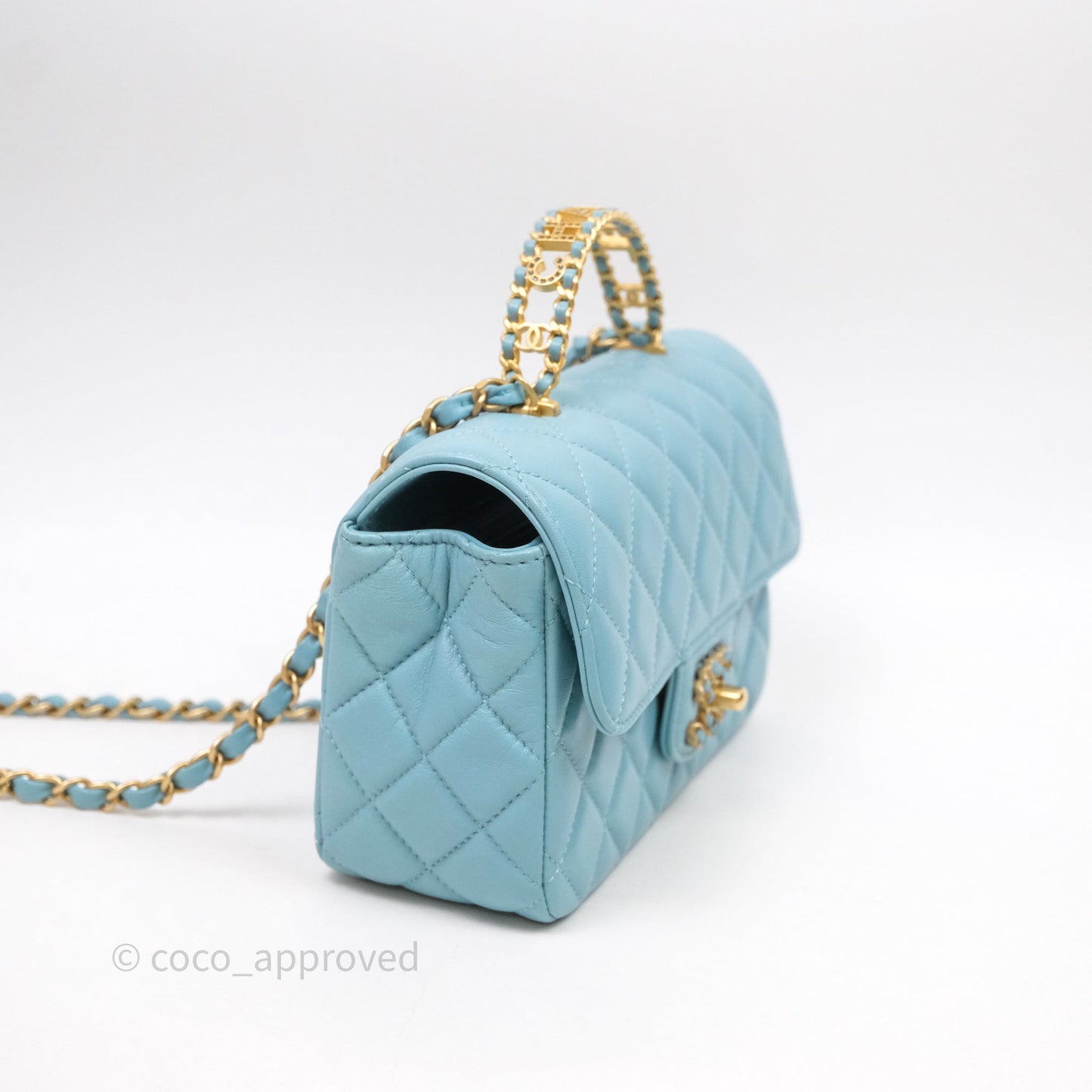 Chanel Flap Bag with Crystal Logo Top Handle Tiffany Blue Lambskin Aged Gold Hardware