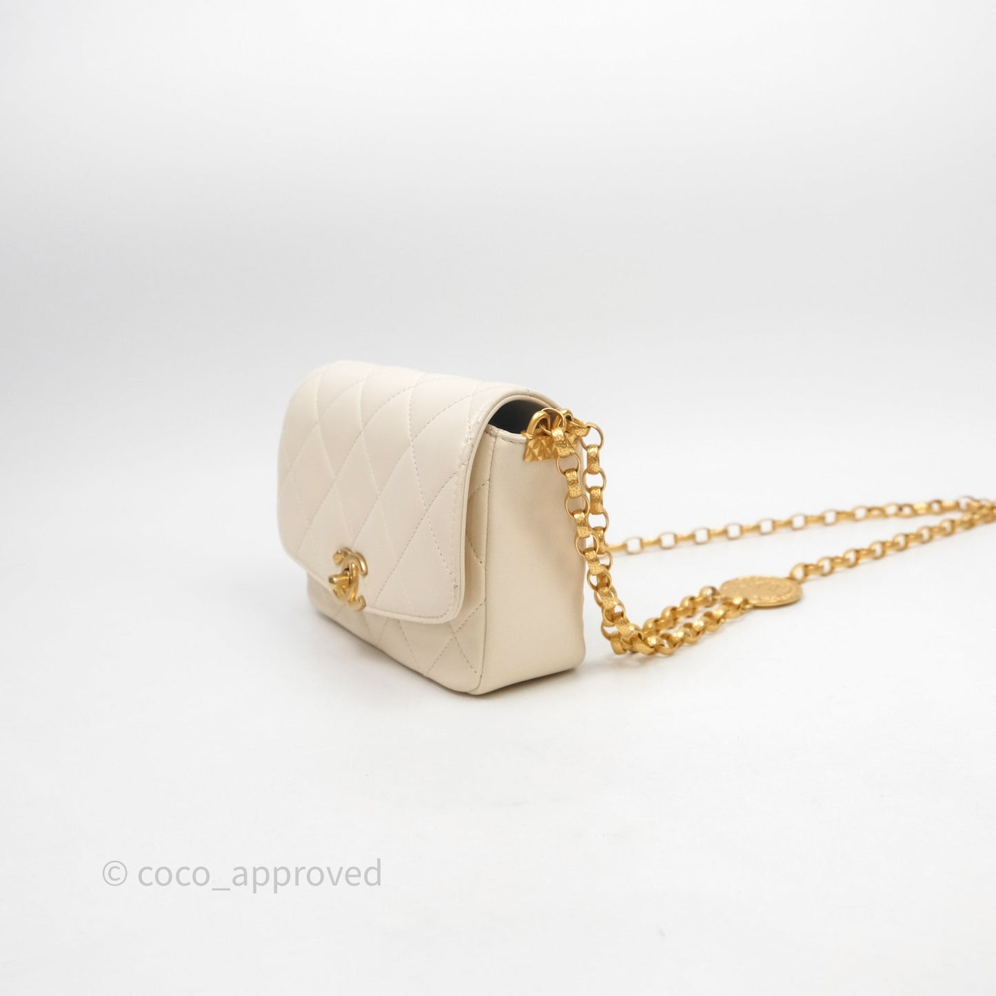 Chanel Flap with Coin Charm Ivory White Lambskin Aged Gold Hardware