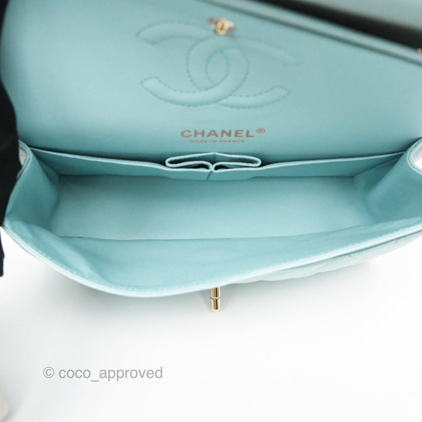 Chanel Small S/M Classic Flap Quilted Tiffany Blue Caviar Gold Hardware